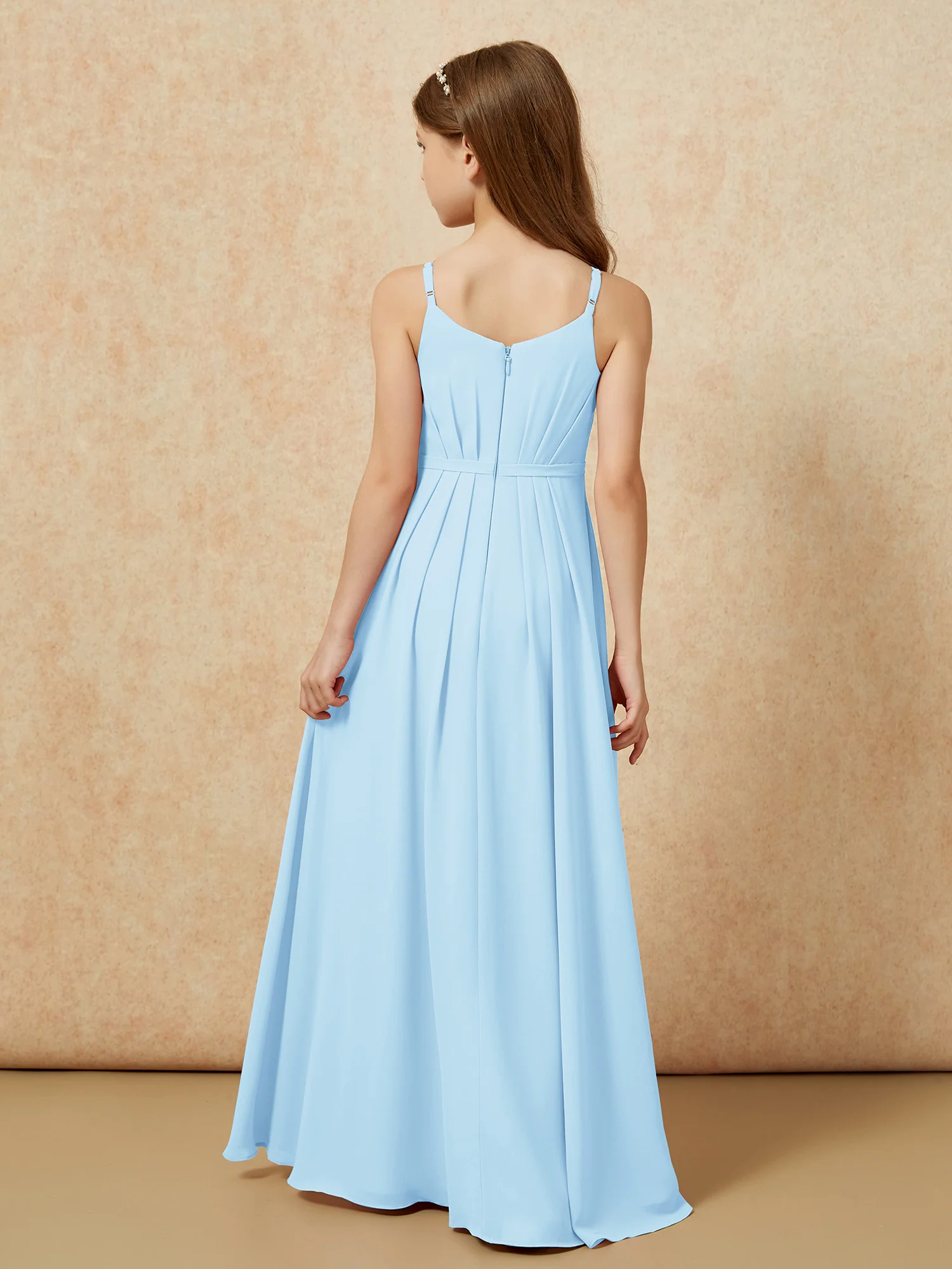 V-neck Spaghetti Straps Chiffon Junior Bridesmaid Dresses Sky Blue - Image 2