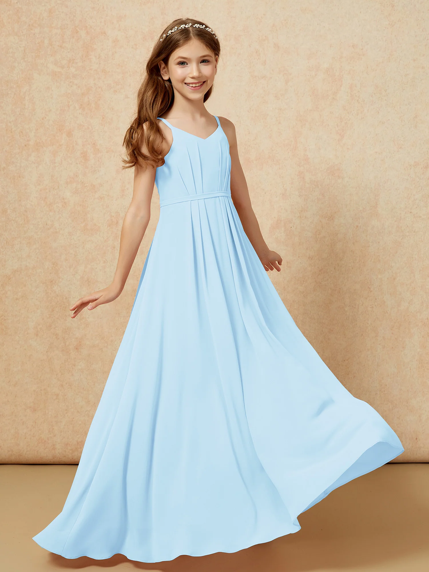 V-neck Spaghetti Straps Chiffon Junior Bridesmaid Dresses Sky Blue - Image 6