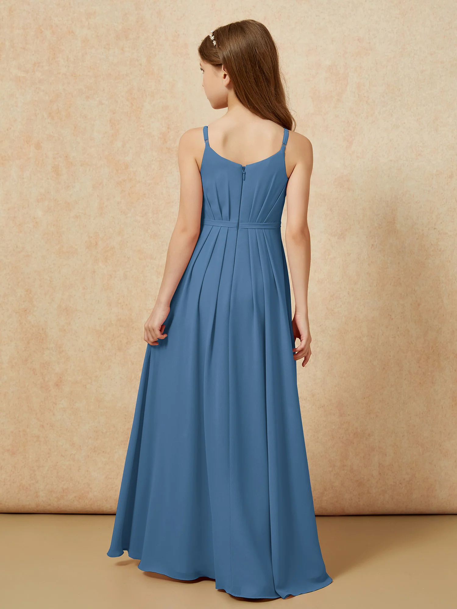 V-neck Spaghetti Straps Chiffon Junior Bridesmaid Dresses Slate Blue - Image 2