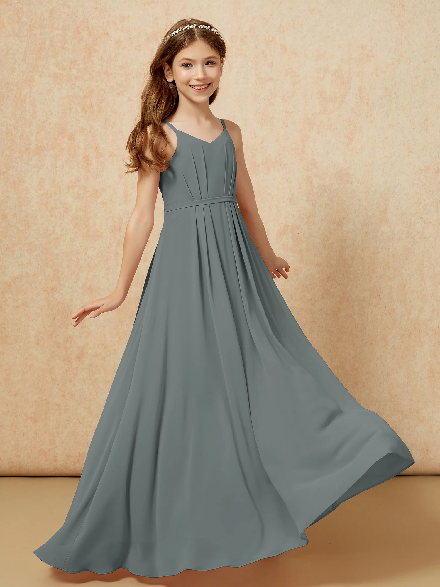 V-neck Spaghetti Straps Chiffon Junior Bridesmaid Dresses Steel Grey - Image 6