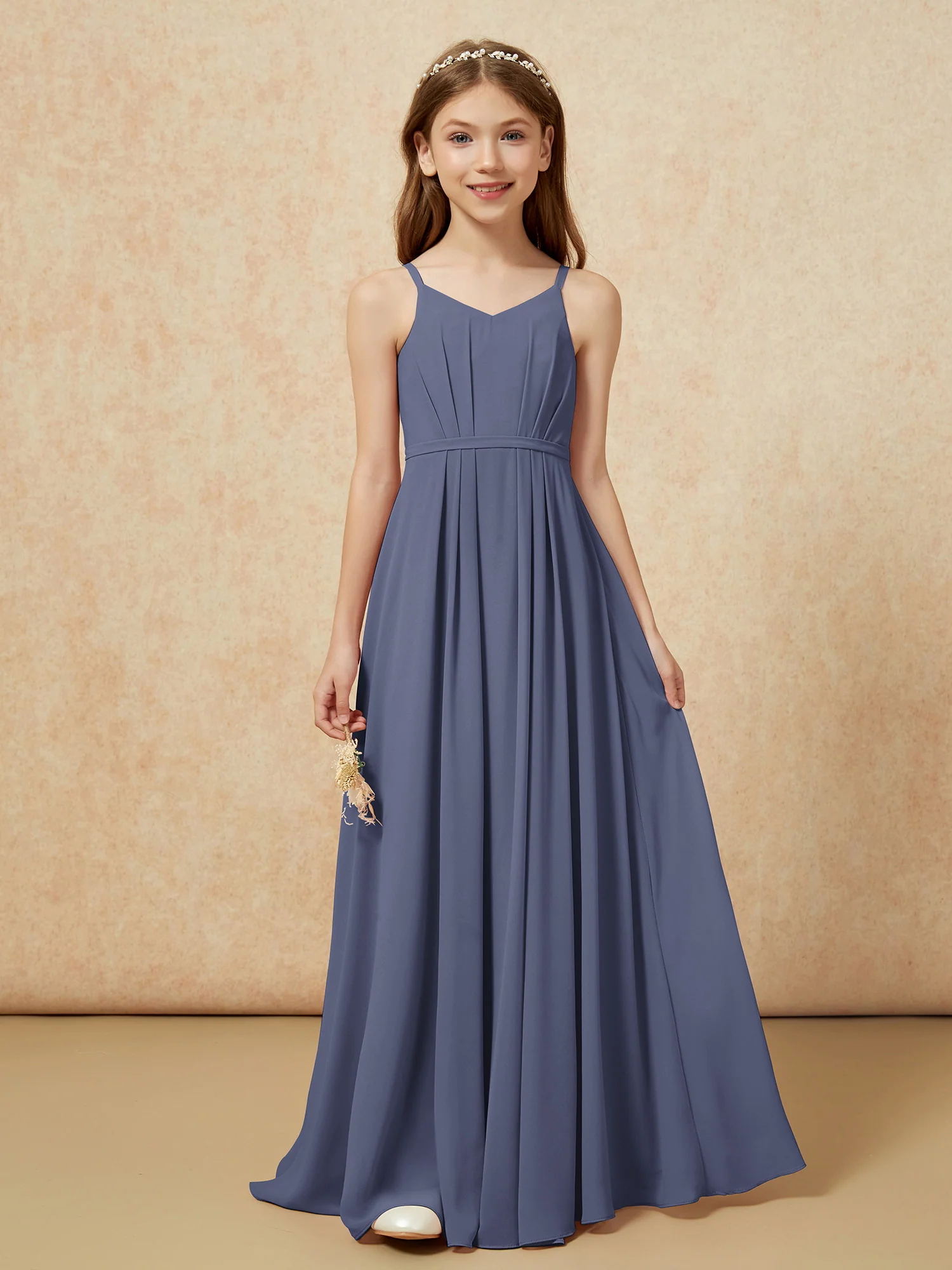V-neck Spaghetti Straps Chiffon Junior Bridesmaid Dresses Stormy