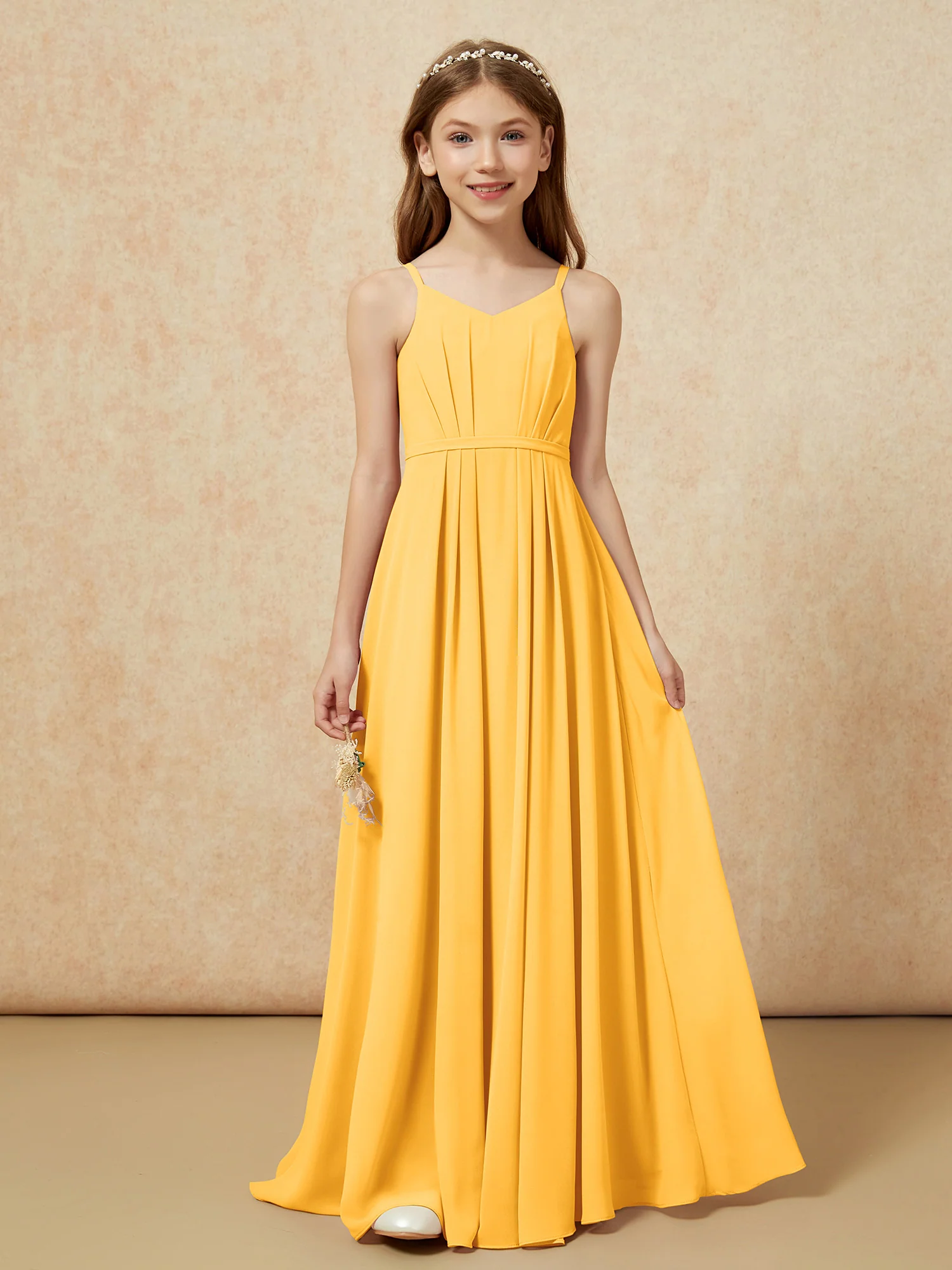 V-neck Spaghetti Straps Chiffon Junior Bridesmaid Dresses Tangerine