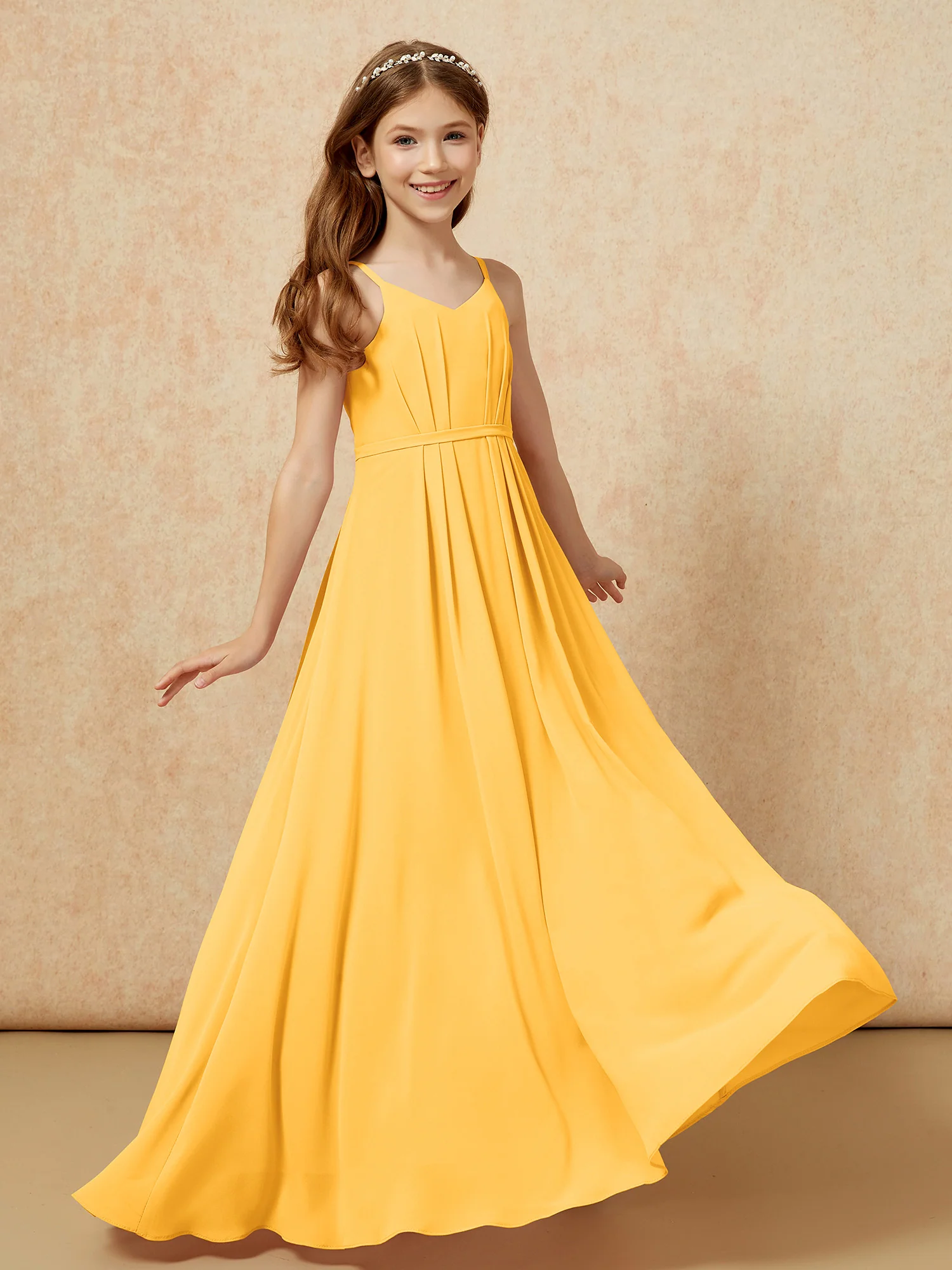 V-neck Spaghetti Straps Chiffon Junior Bridesmaid Dresses Tangerine - Image 6