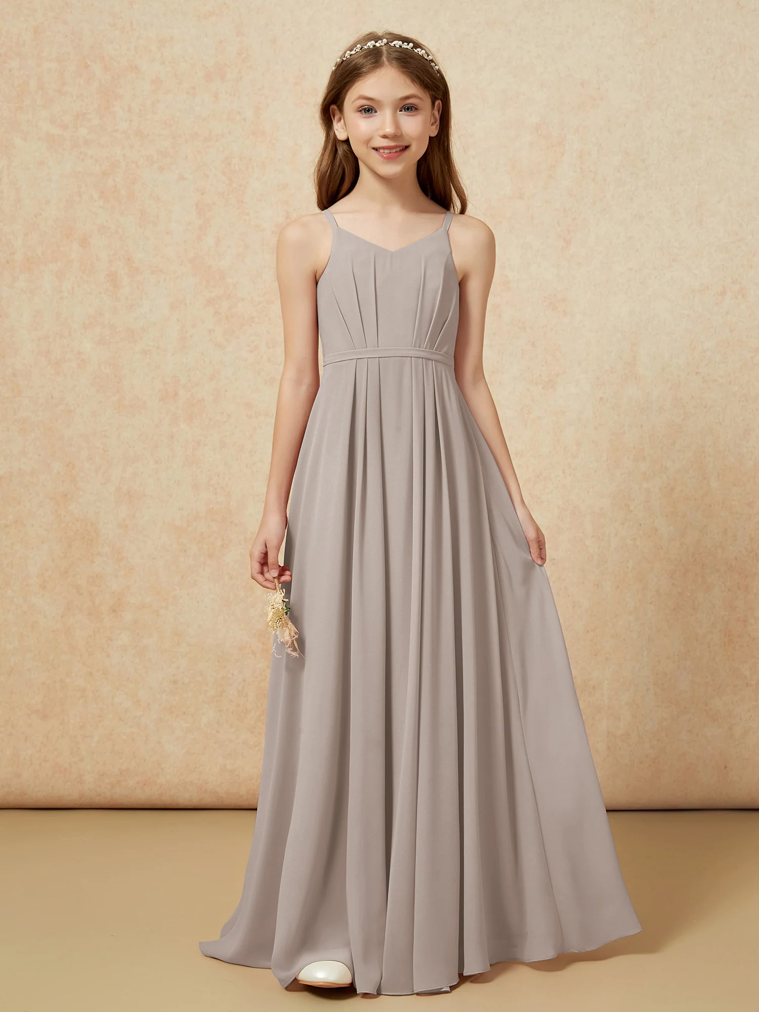 V-neck Spaghetti Straps Chiffon Junior Bridesmaid Dresses Taupe