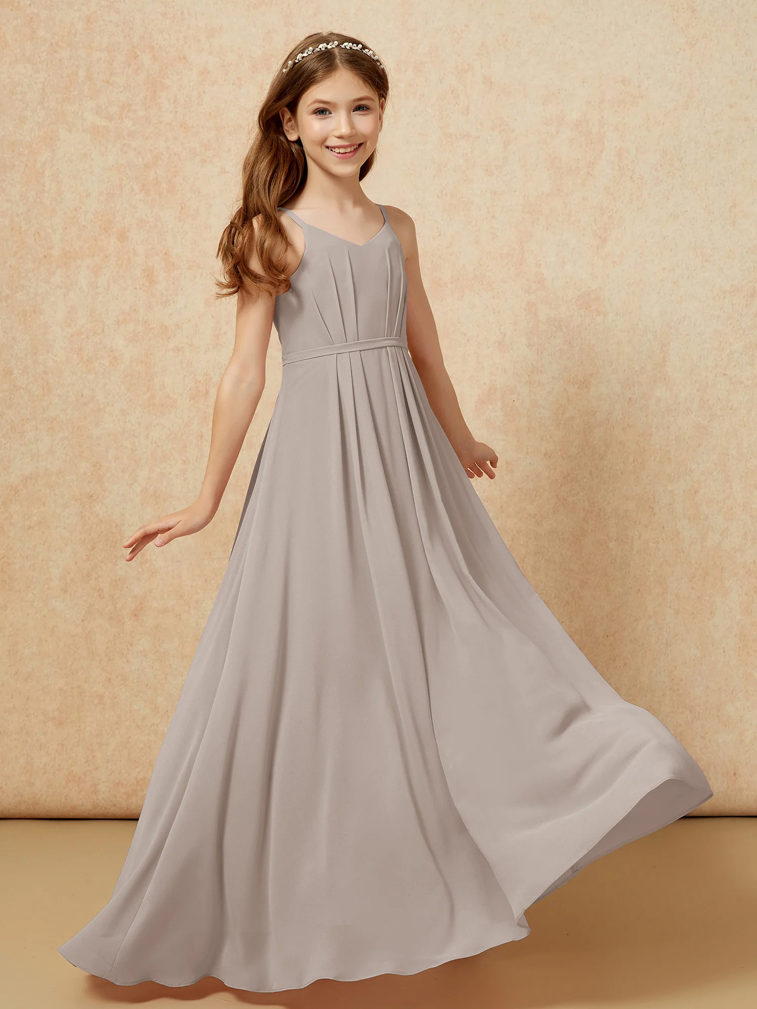 V-neck Spaghetti Straps Chiffon Junior Bridesmaid Dresses Taupe - Image 6