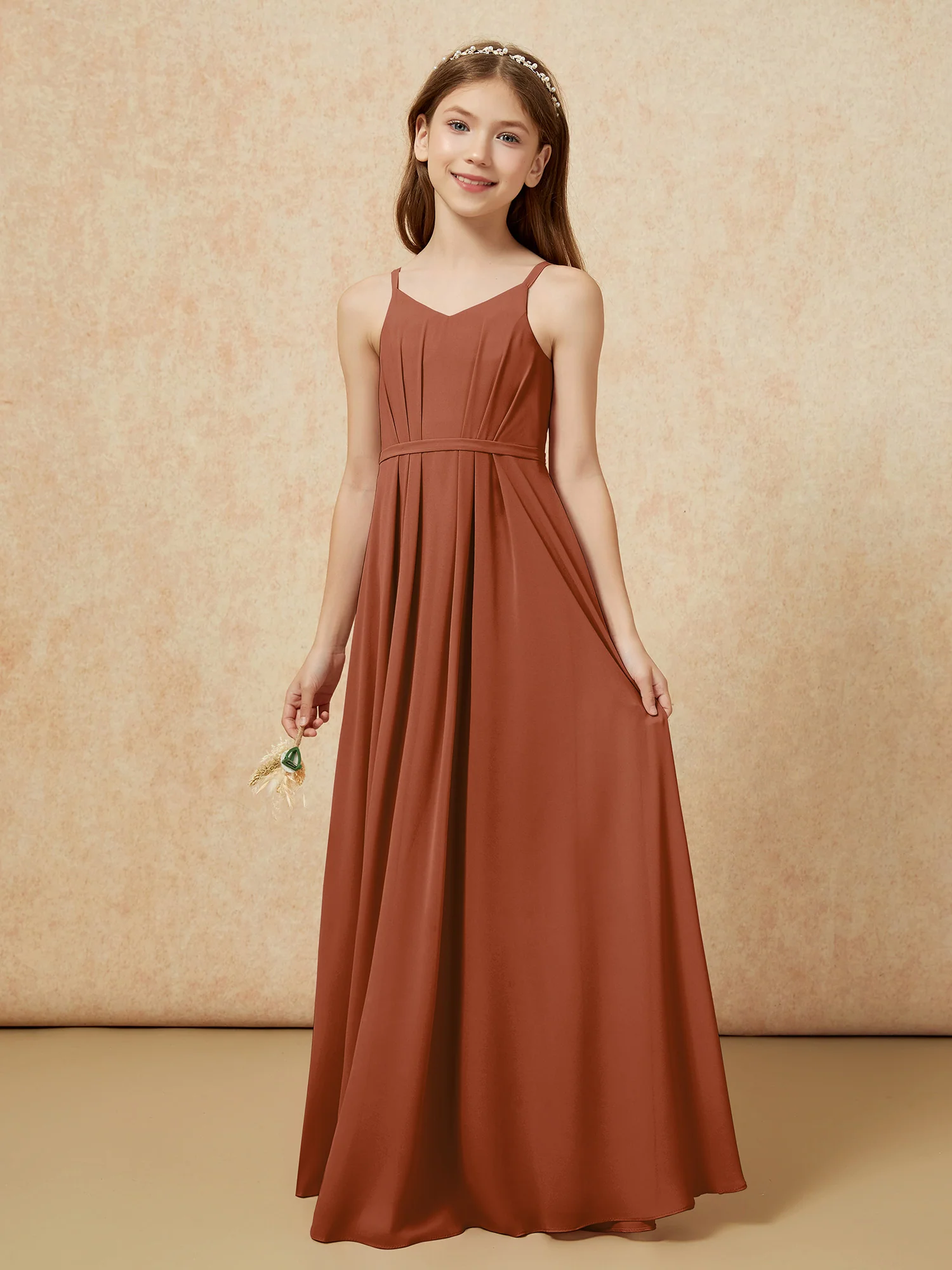V-neck Spaghetti Straps Chiffon Junior Bridesmaid Dresses Terracotta - Image 3