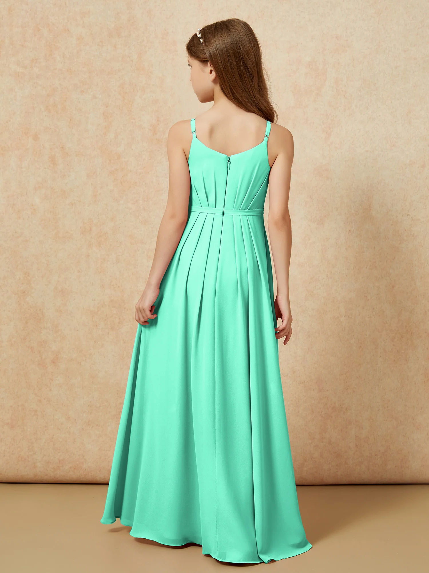 V-neck Spaghetti Straps Chiffon Junior Bridesmaid Dresses Turquoise - Image 2