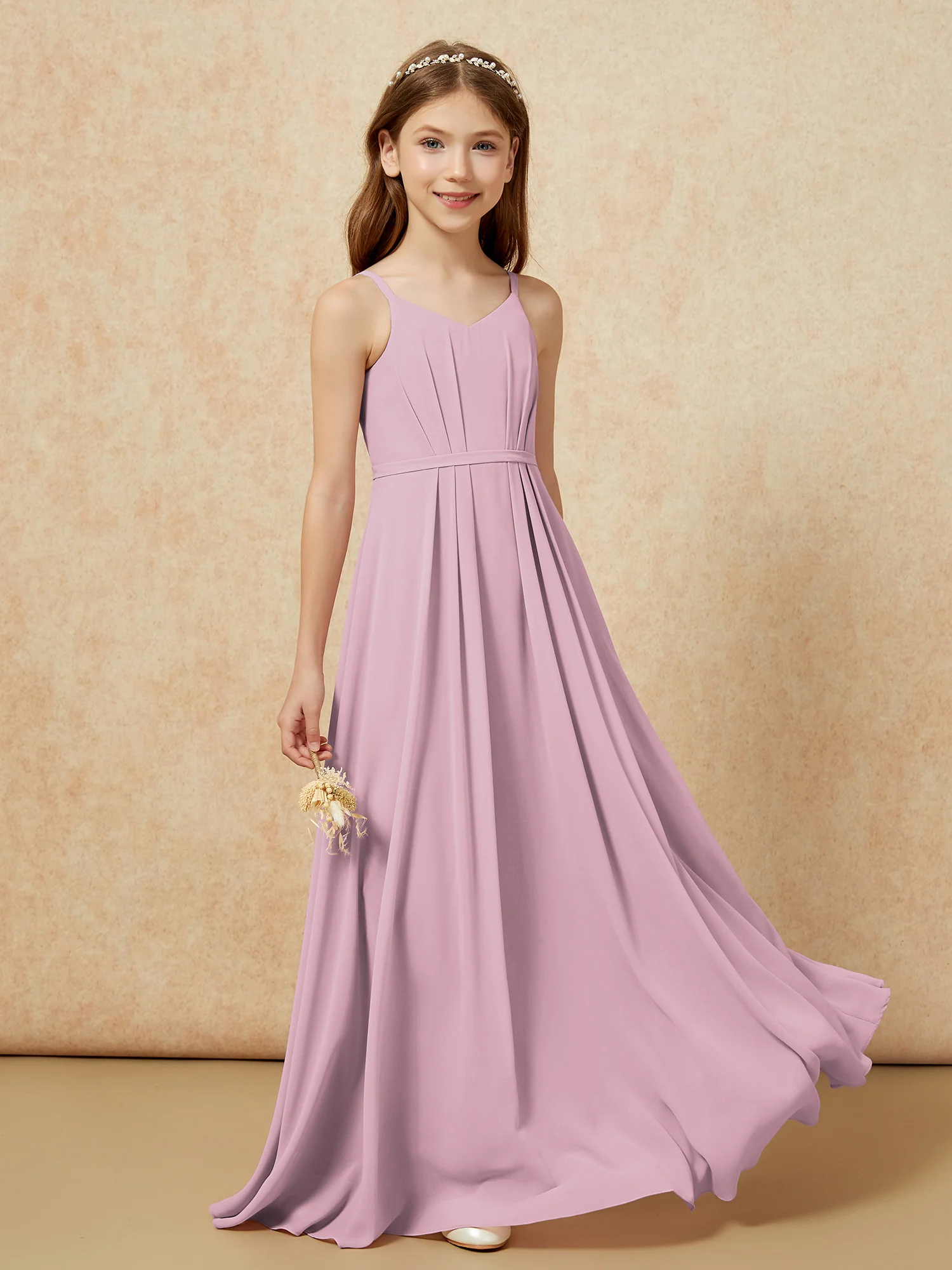 V-neck Spaghetti Straps Chiffon Junior Bridesmaid Dresses Vintage Mauve - Image 5