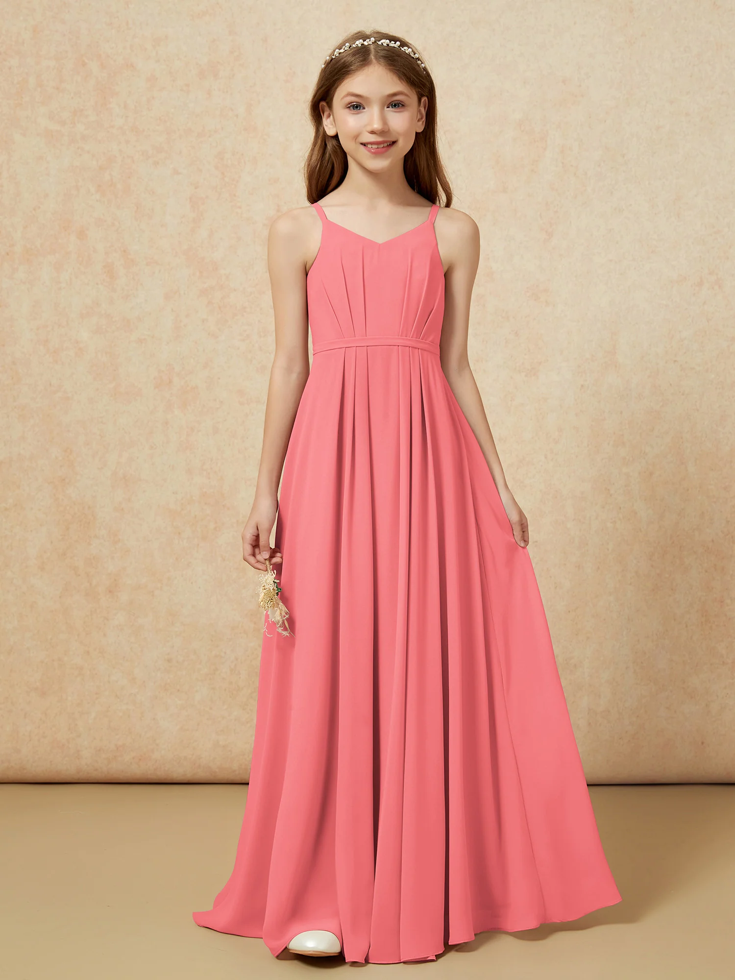 V-neck Spaghetti Straps Chiffon Junior Bridesmaid Dresses Watermelon