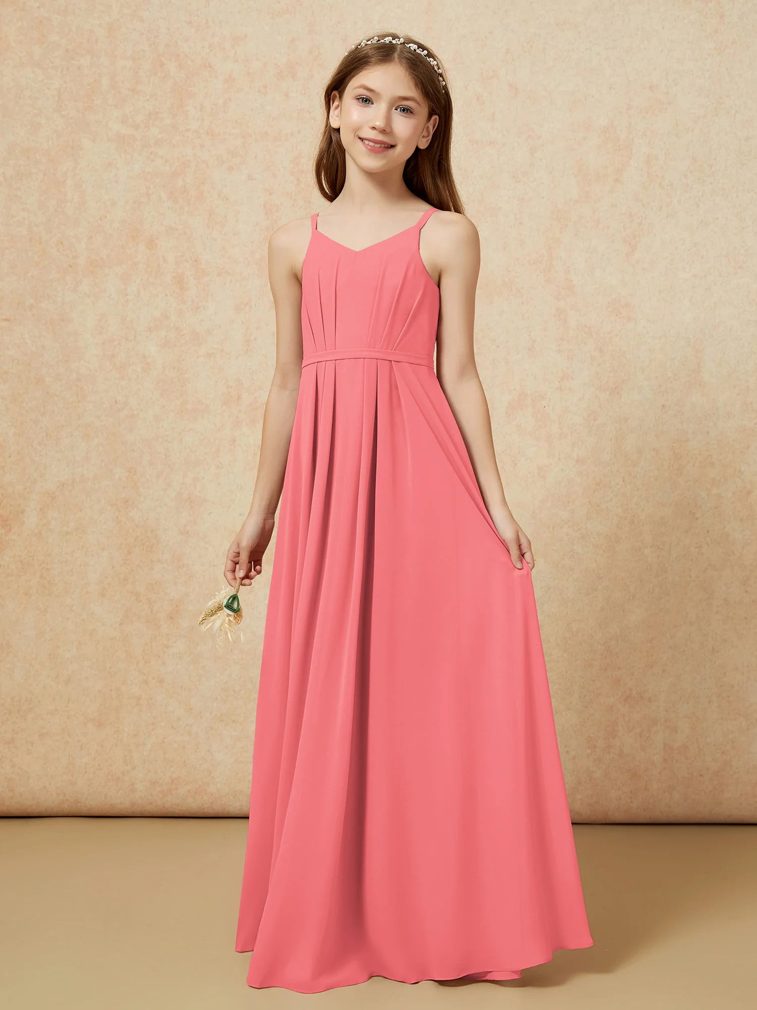 V-neck Spaghetti Straps Chiffon Junior Bridesmaid Dresses Watermelon - Image 3