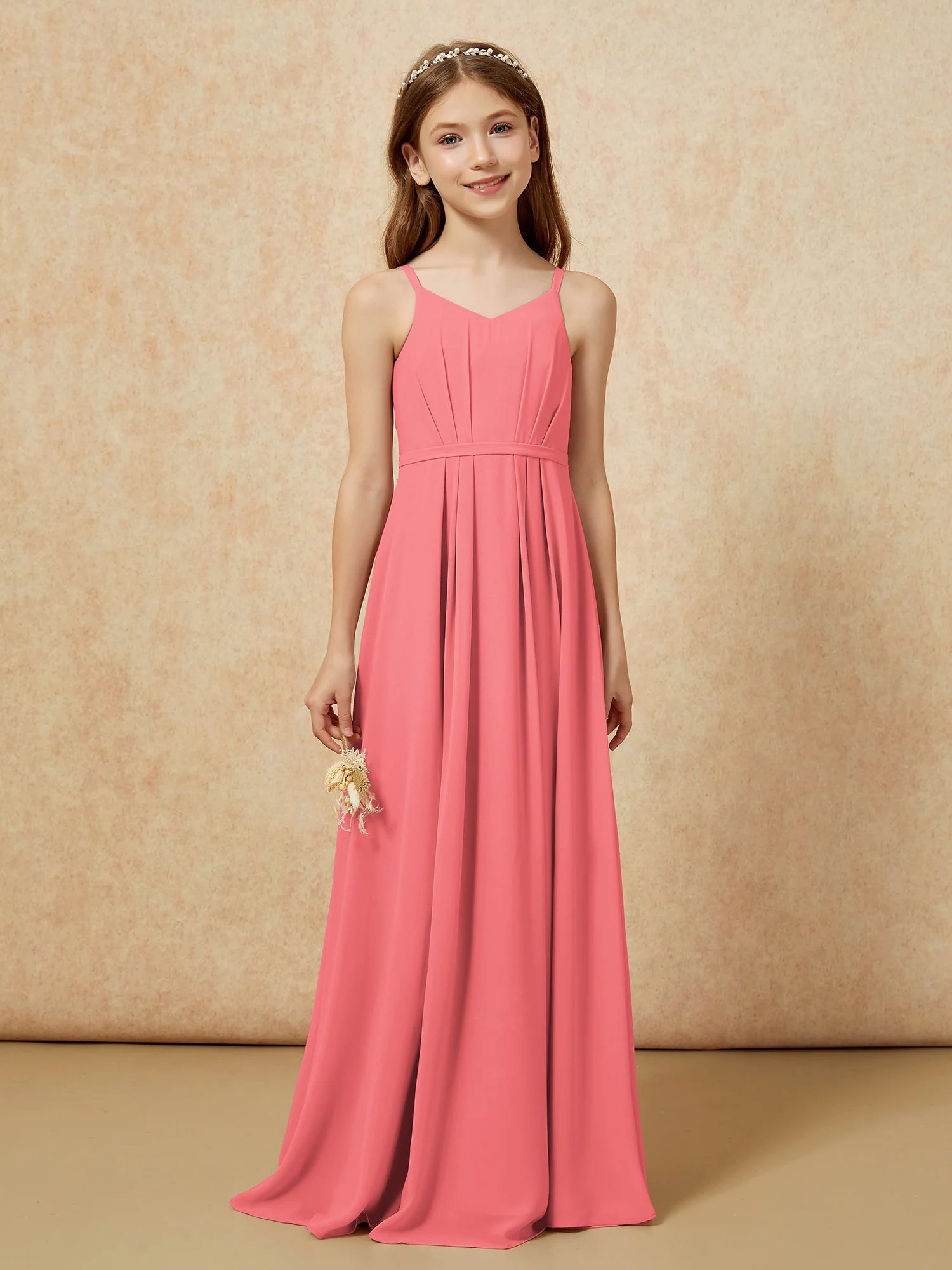 V-neck Spaghetti Straps Chiffon Junior Bridesmaid Dresses Watermelon - Image 4