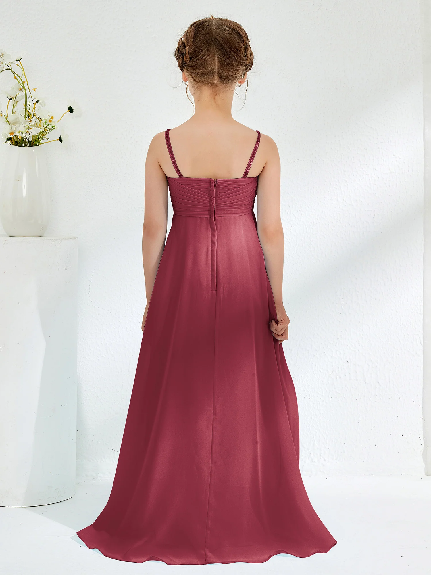 V-neck Spaghetti Straps Floor-length Junior Bridesmaid Dresses Cinnamon Rose - Image 2