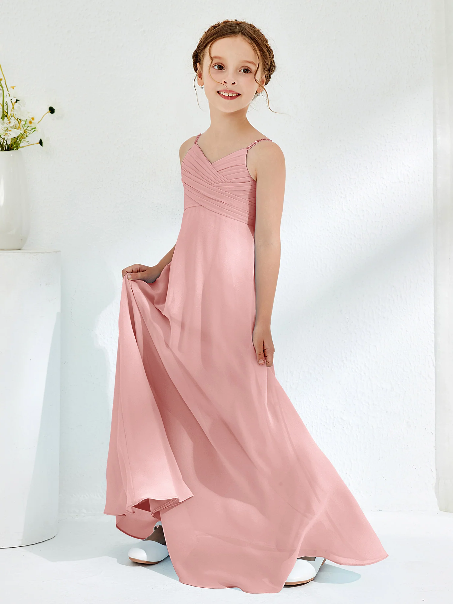 V-neck Spaghetti Straps Floor-length Junior Bridesmaid Dresses Dusty Rose - Image 3
