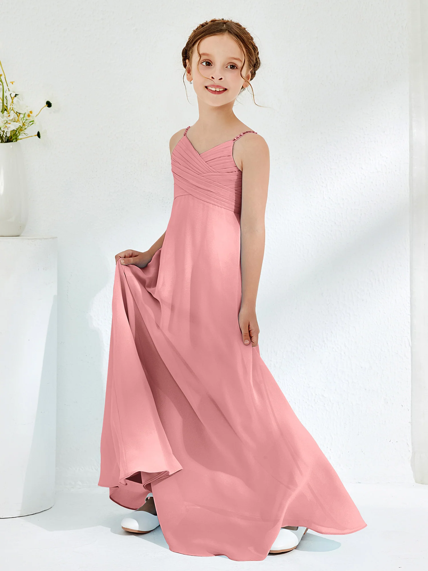 V-neck Spaghetti Straps Floor-length Junior Bridesmaid Dresses Flamingo - Image 3