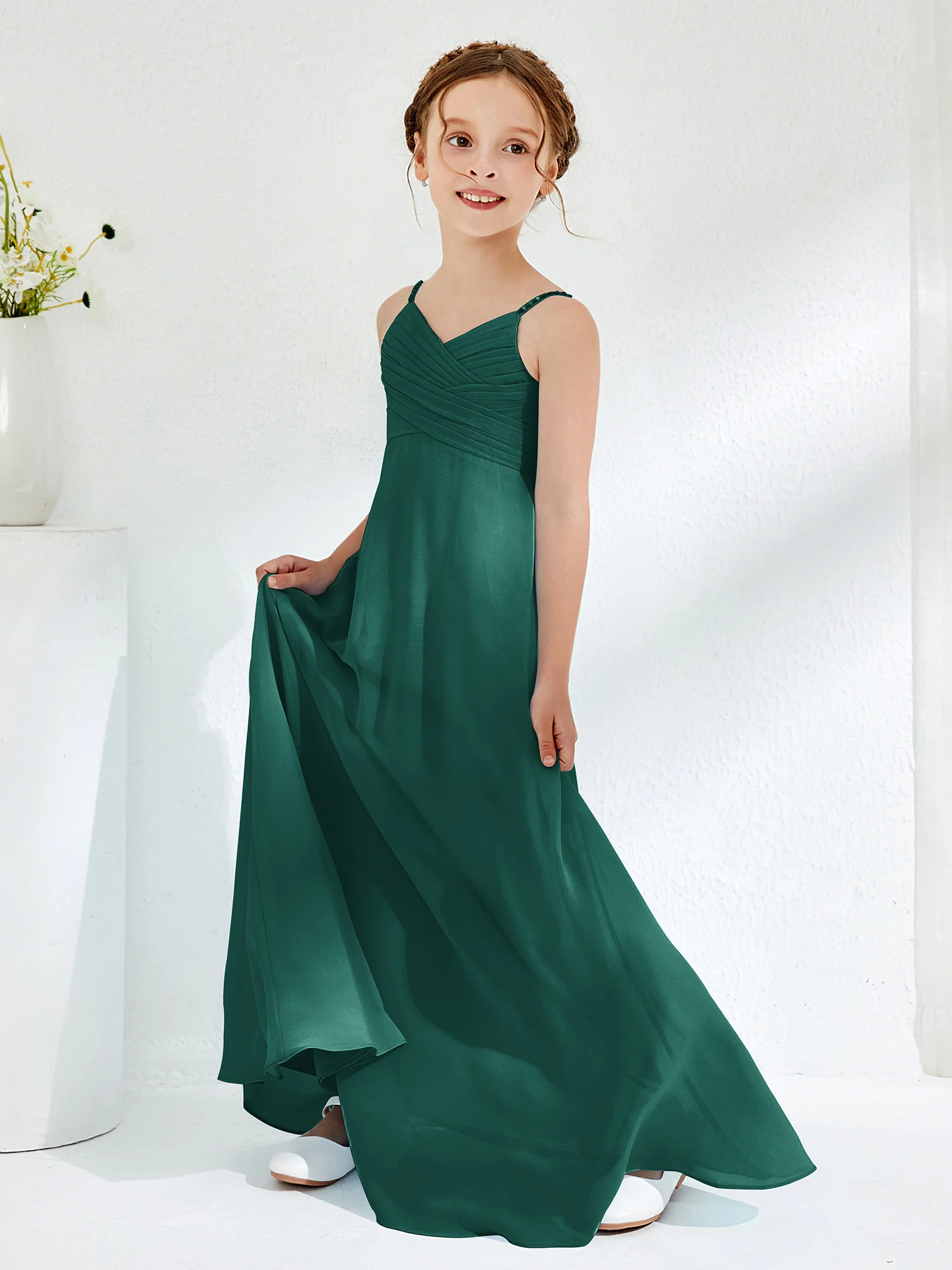 V-neck Spaghetti Straps Floor-length Junior Bridesmaid Dresses Peacock - Image 3