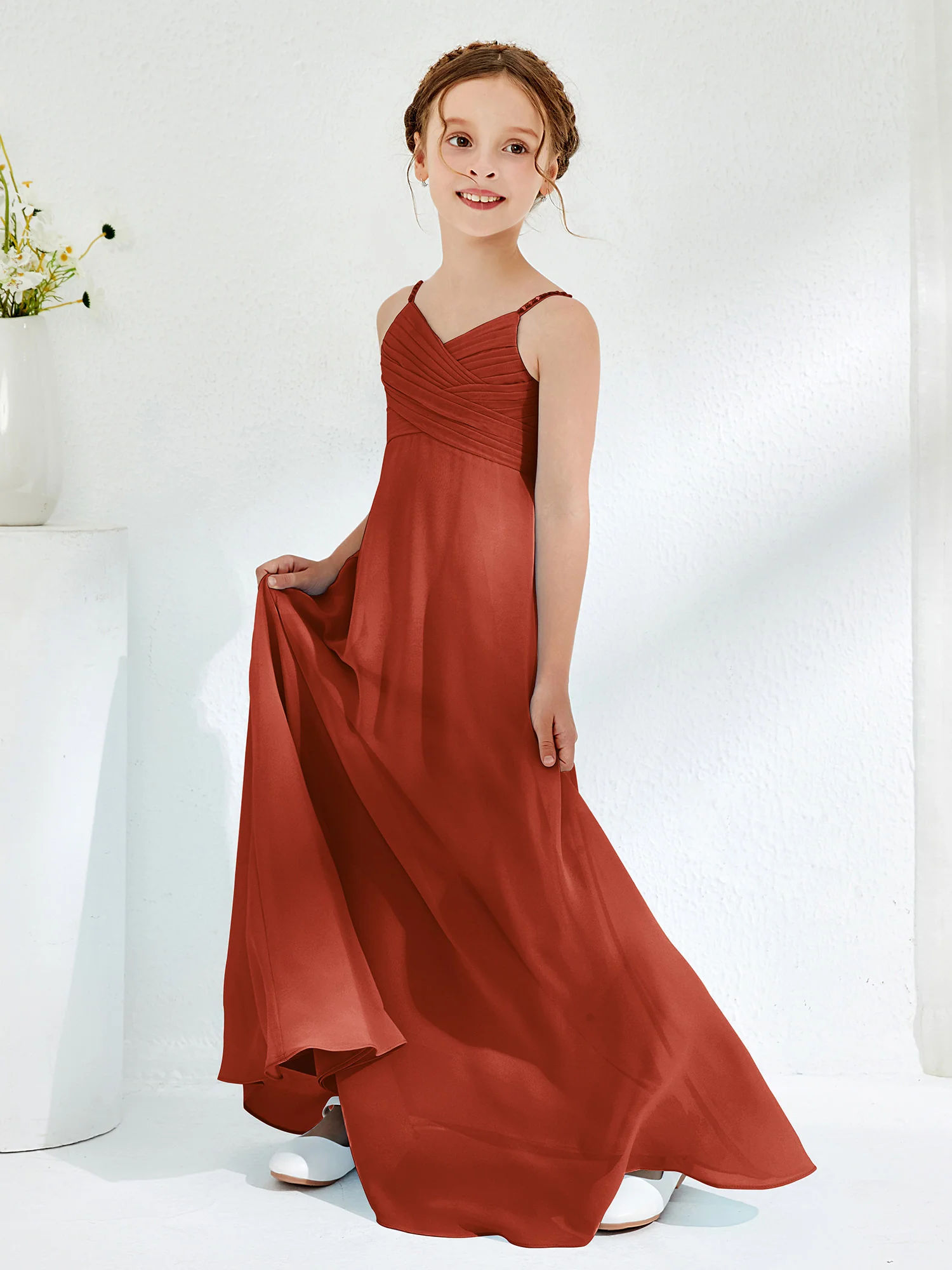 V-neck Spaghetti Straps Floor-length Junior Bridesmaid Dresses Rust - Image 3