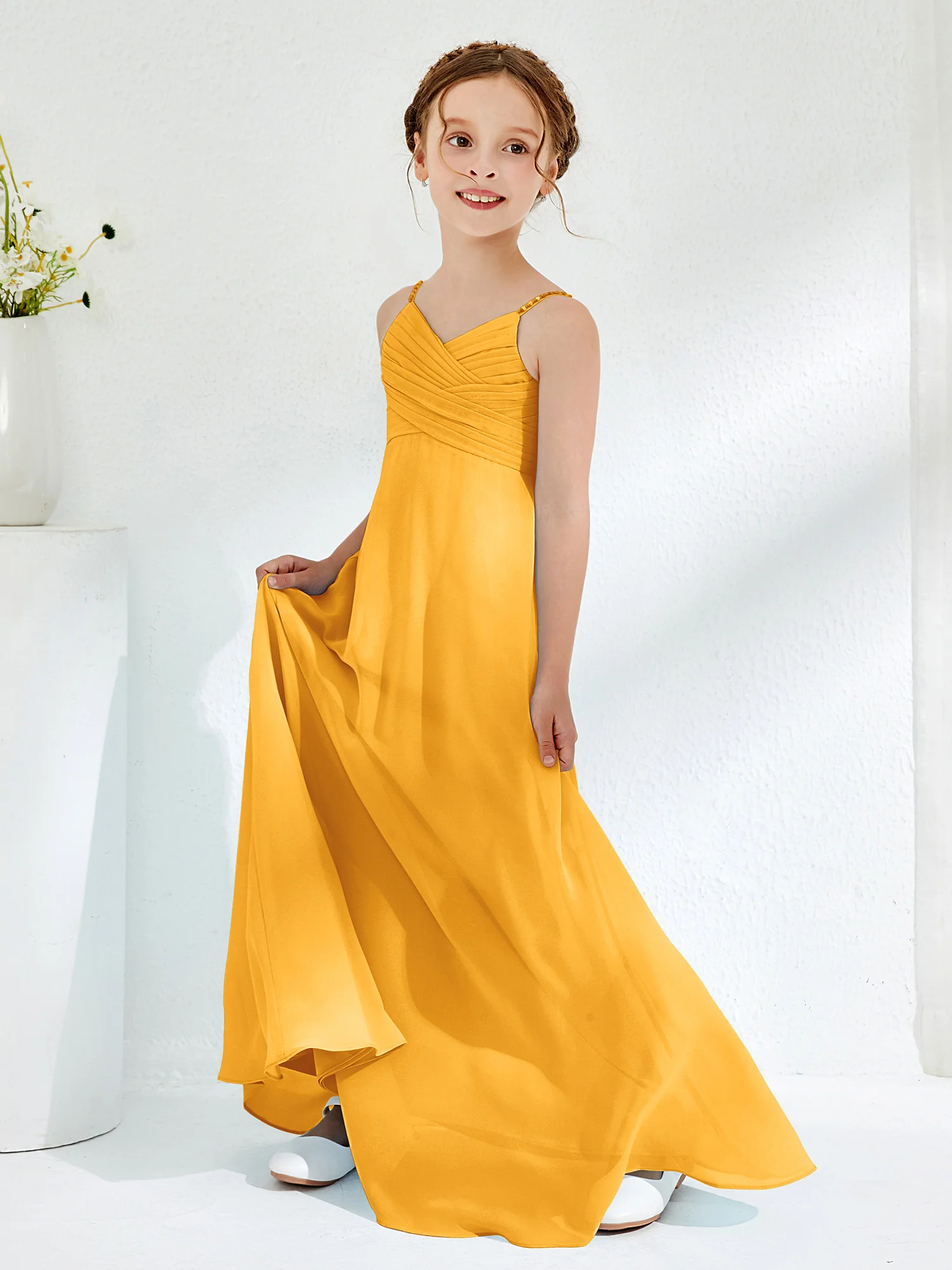 V-neck Spaghetti Straps Floor-length Junior Bridesmaid Dresses Tangerine - Image 3