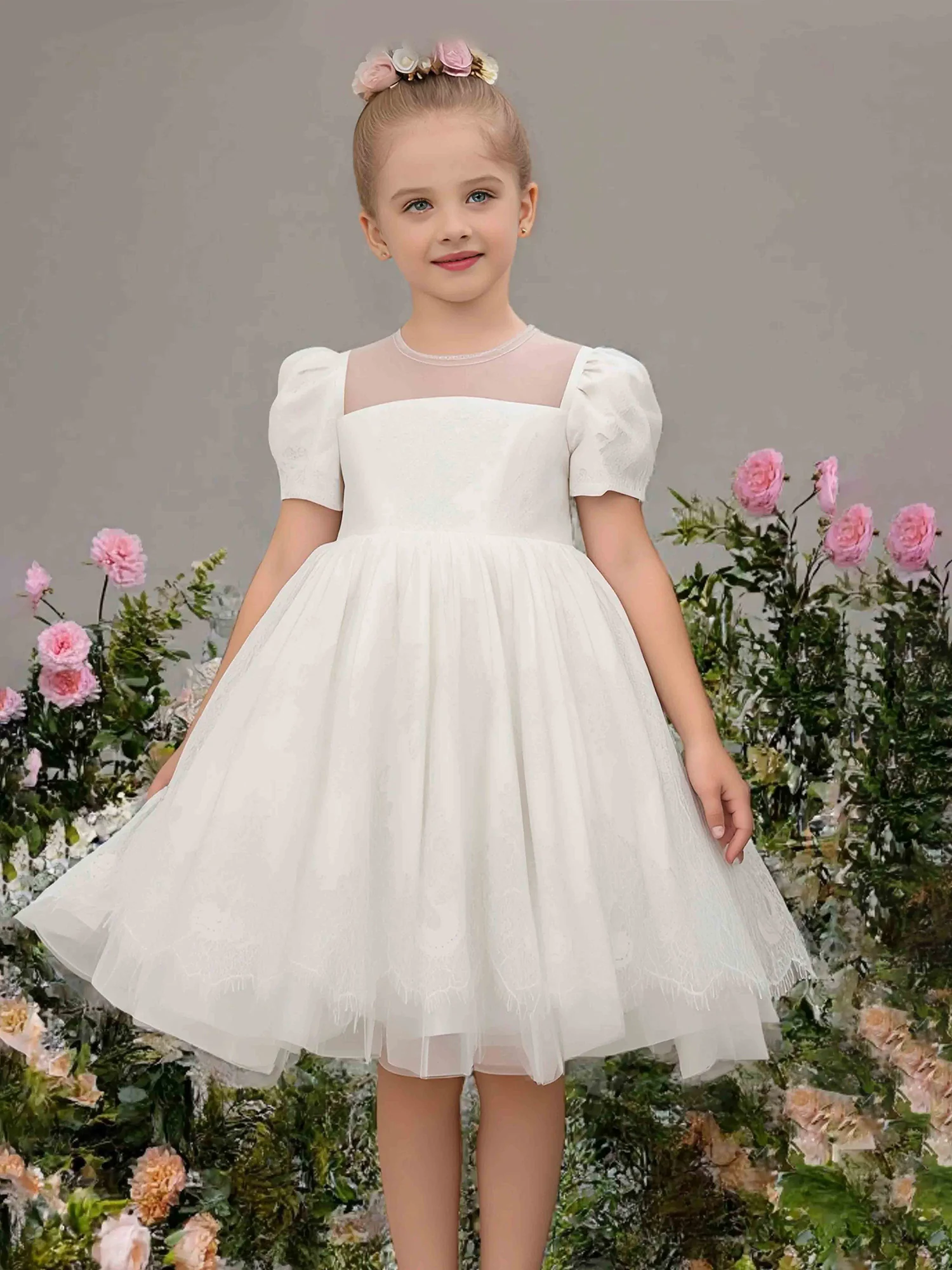 Puff Sleeve Illusion Neck Lace A-Line Flower Girl Dress Ivory