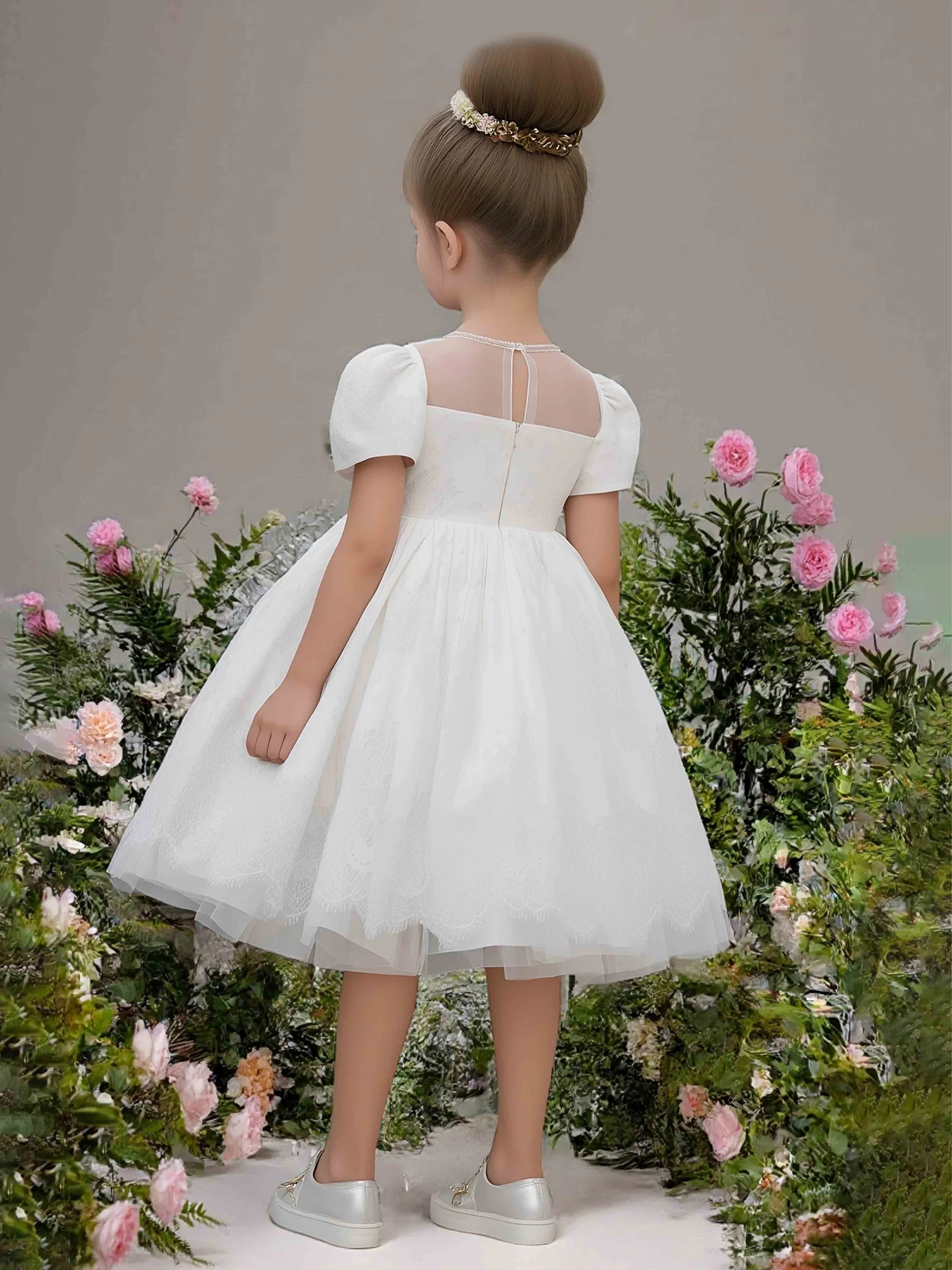 Puff Sleeve Illusion Neck Lace A-Line Flower Girl Dress Ivory - Image 2