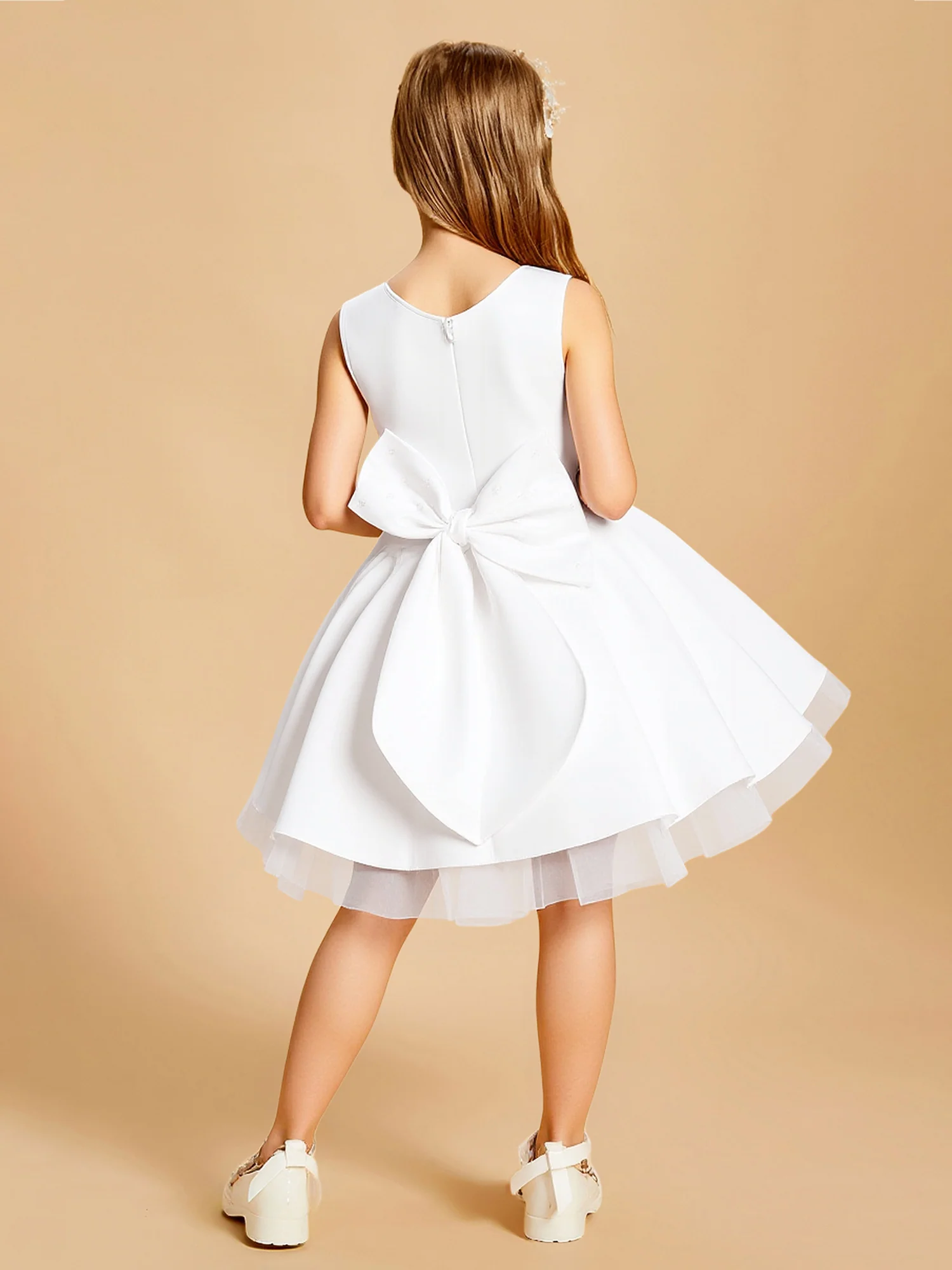 Sleeveless Pearl Neck Satin Party Flower Girl Dress White - Image 2