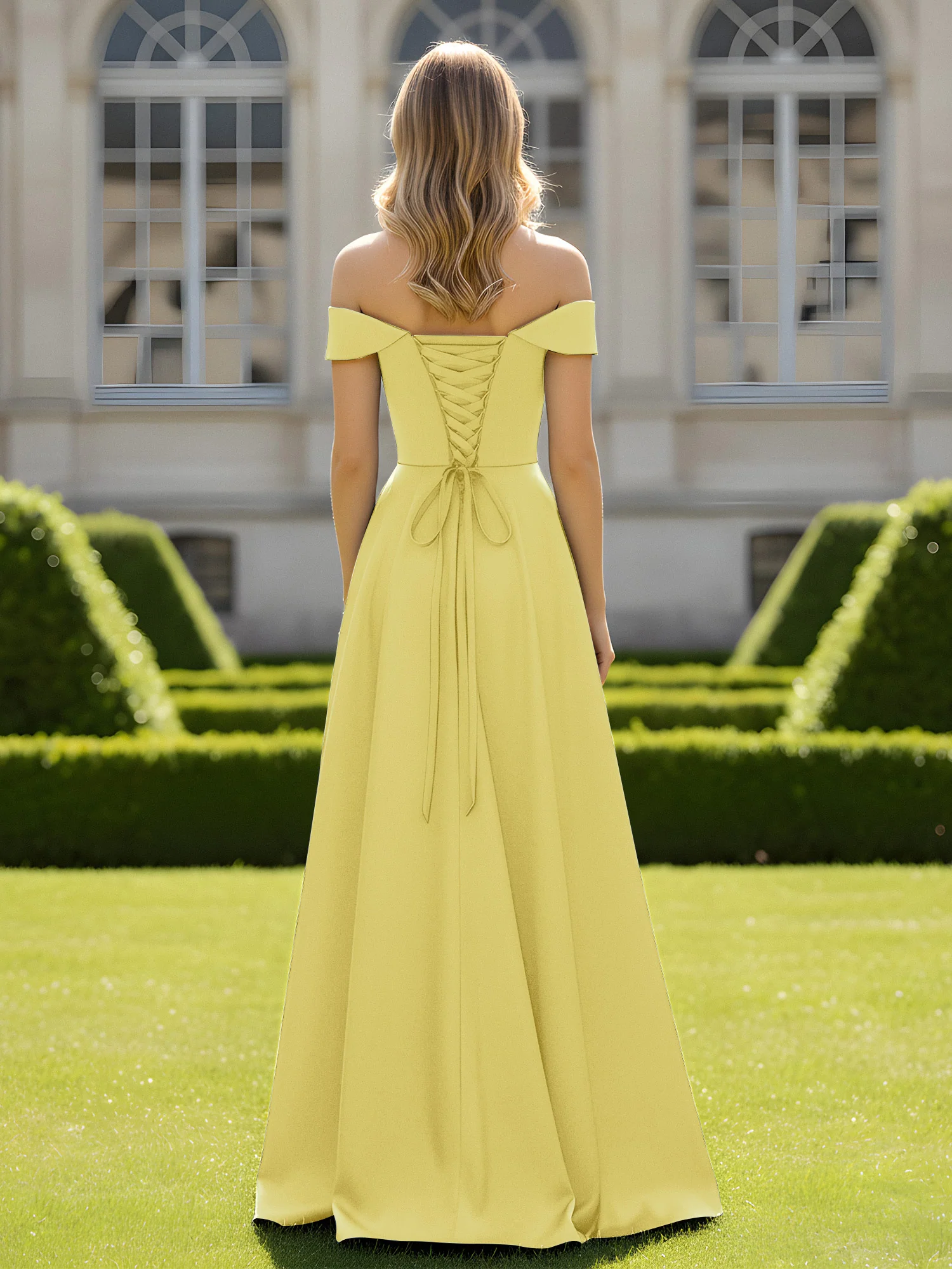 Off-The-Shoulder A-Line Satin Minimal Dress Daffodil - Image 2