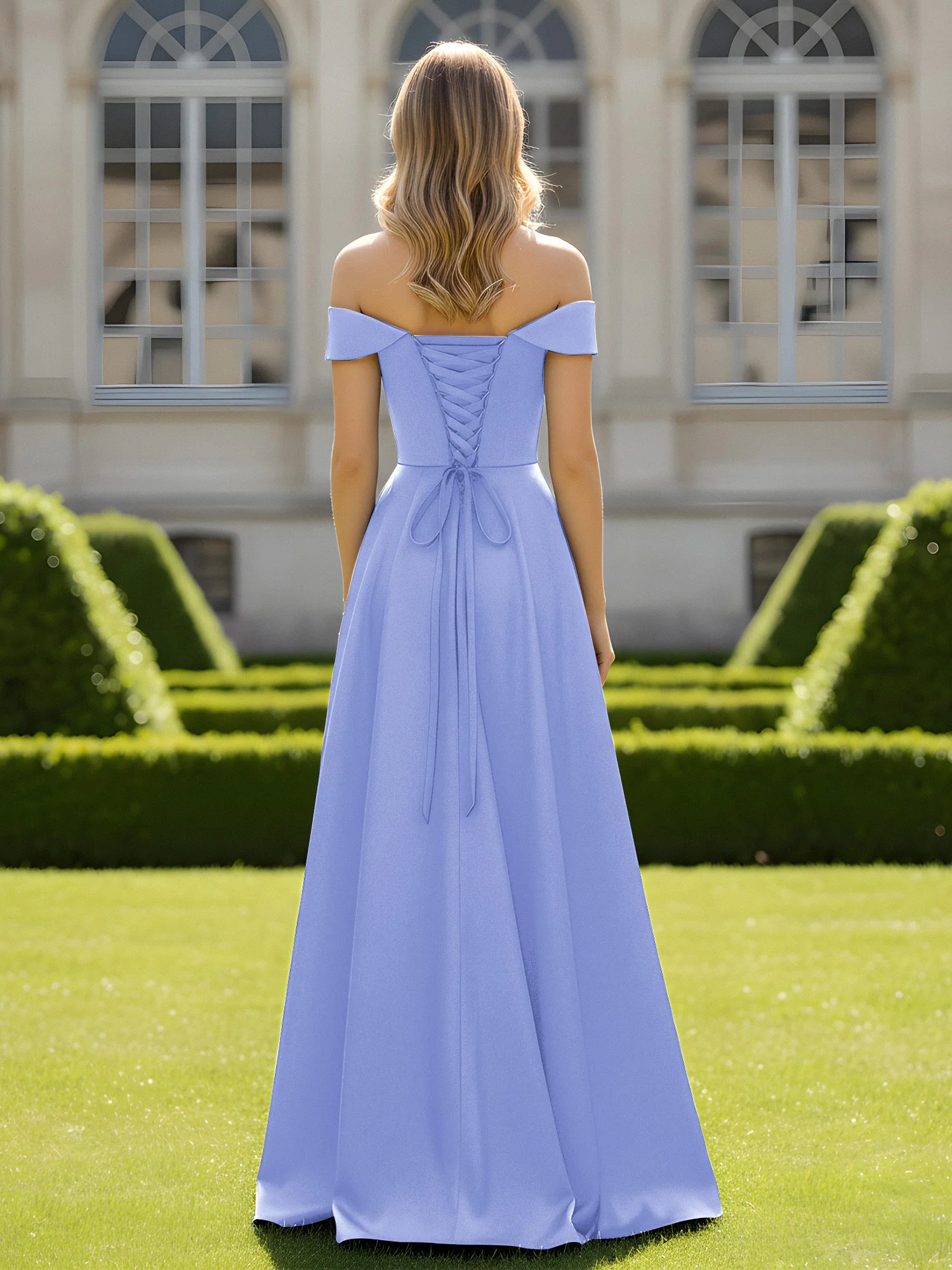 Off-The-Shoulder A-Line Satin Minimal Dress Lavender - Image 2
