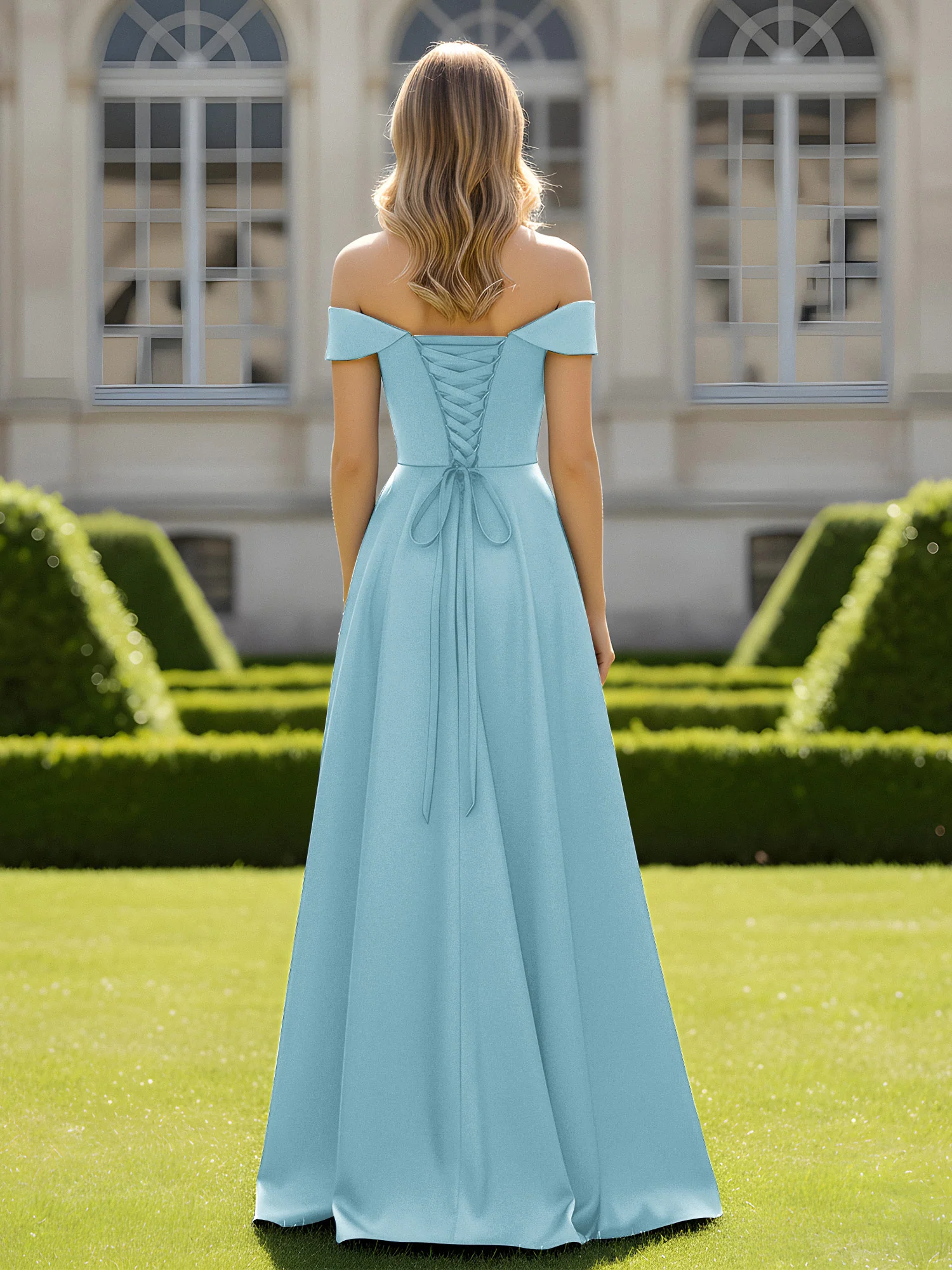 Off-The-Shoulder A-Line Satin Minimal Dress Mist - Image 2