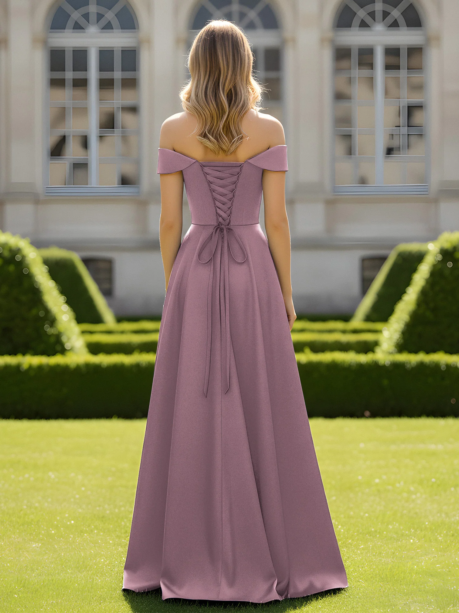 Off-The-Shoulder A-Line Satin Minimal Dress Vintage Mauve - Image 2