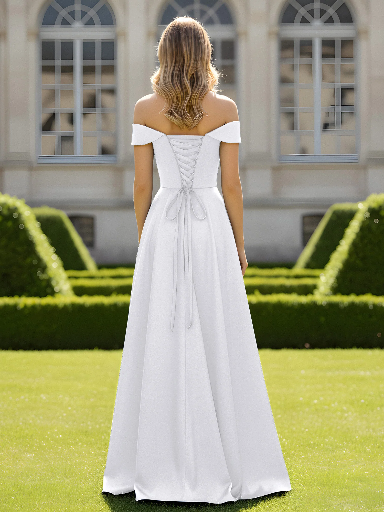 Off-The-Shoulder A-Line Satin Minimal Dress White - Image 2