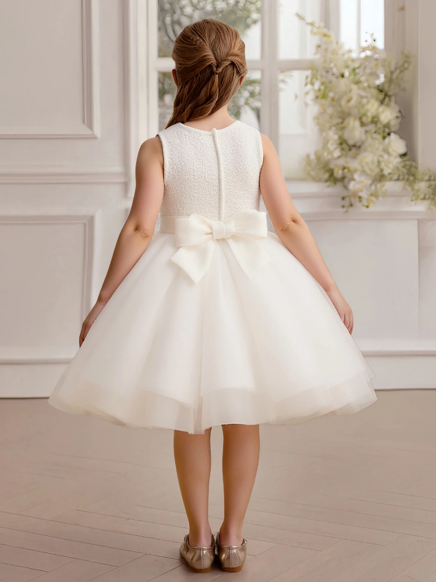 Round Neck Big Bow Back Applique Skirt Flower Girl Dress Ivory - Image 2