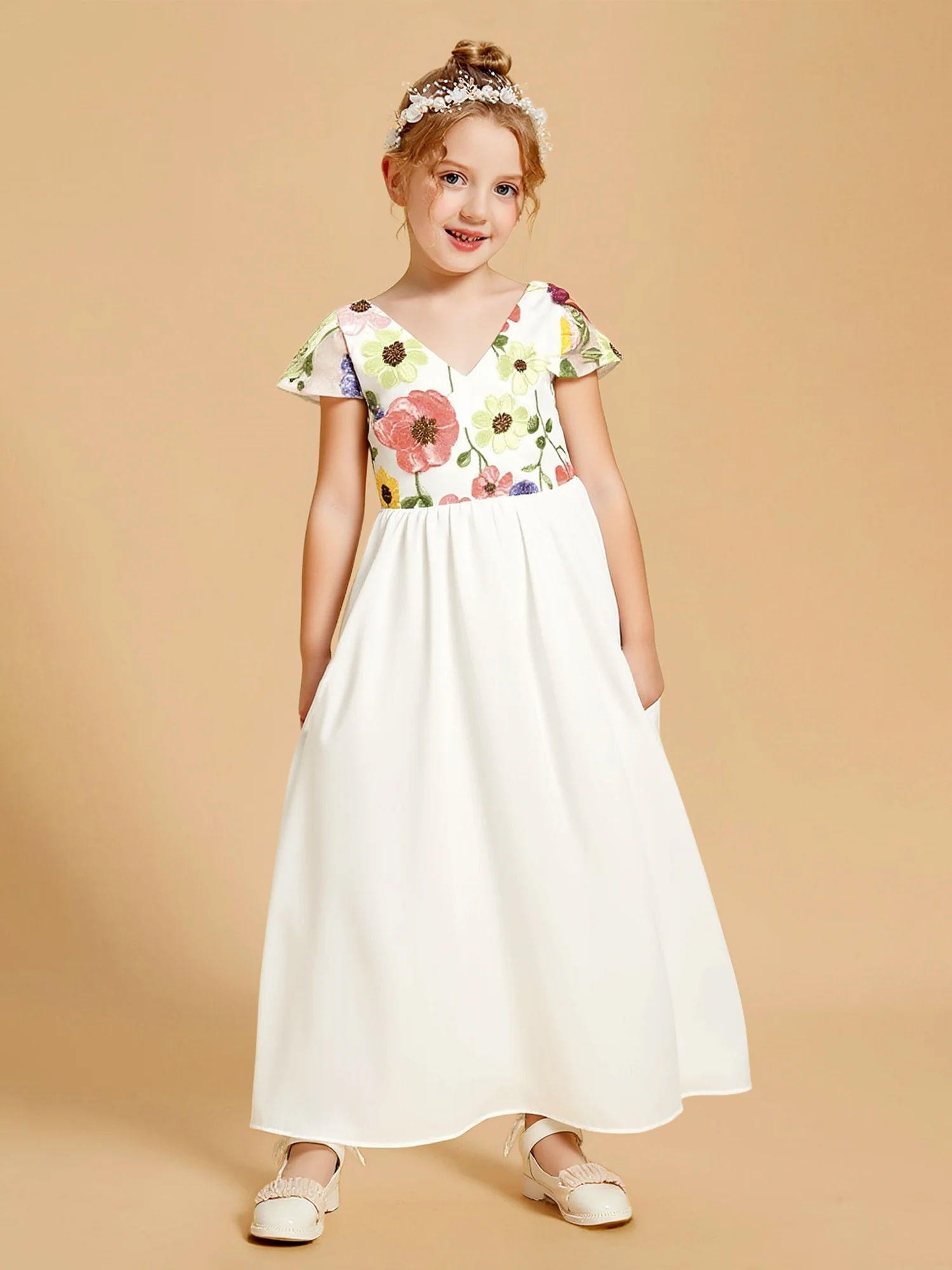 Open Back Short Sleeve Long Skirt Flower Girl Dress As Picture
