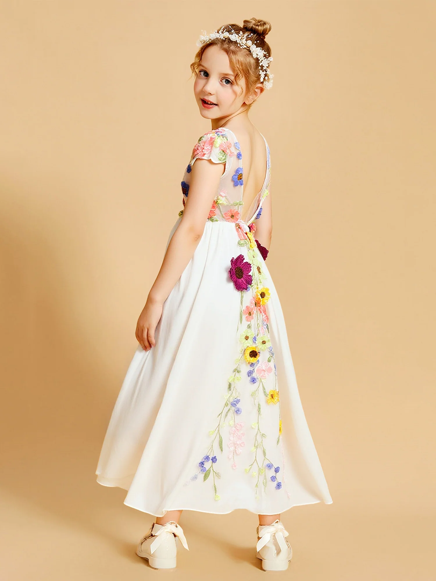 Open Back Short Sleeve Long Skirt Flower Girl Dress As Picture - Image 2