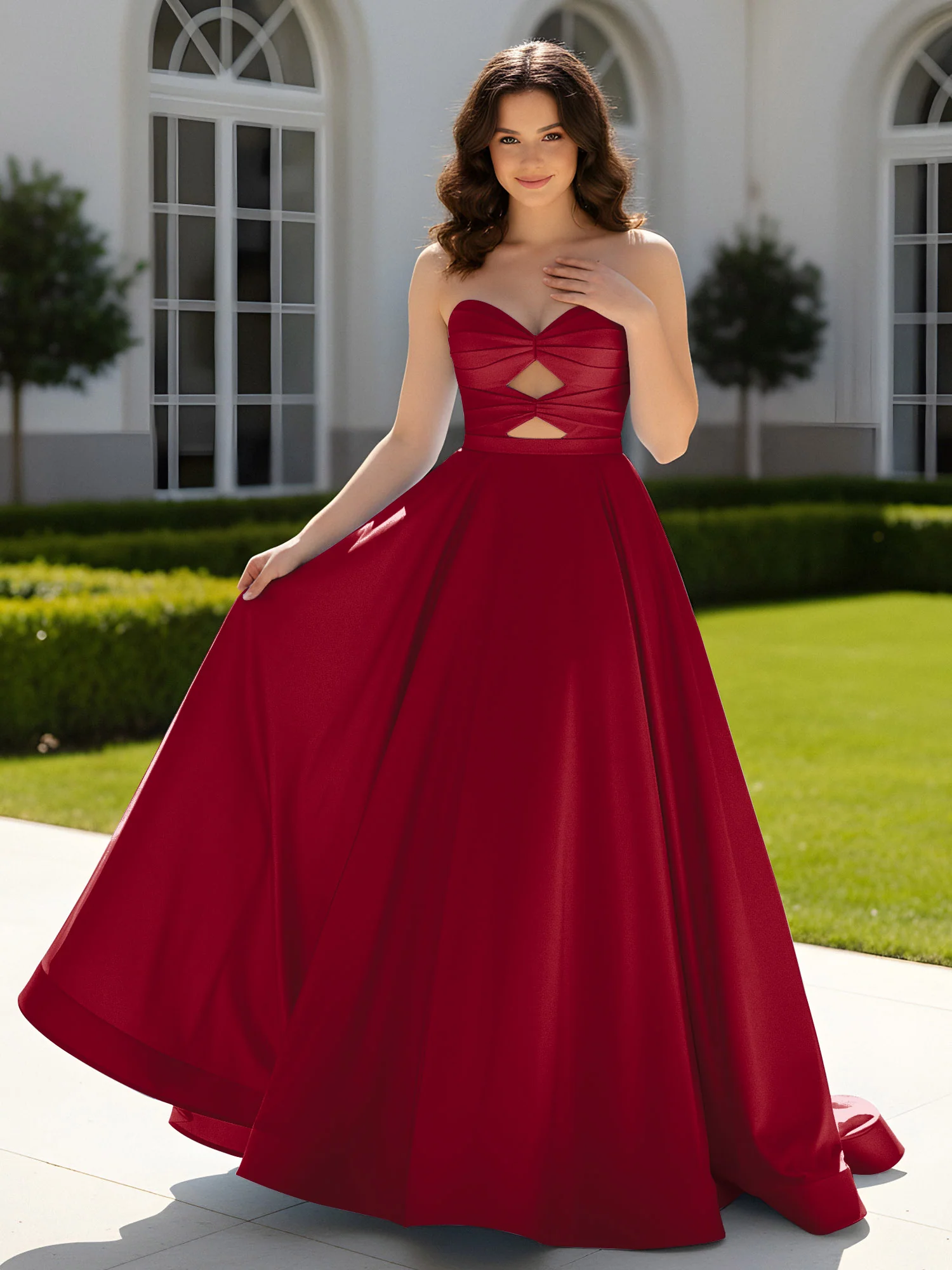 Pleated Sweetheart Satin Ball Gown With Sweep/Brush Train Burgundy