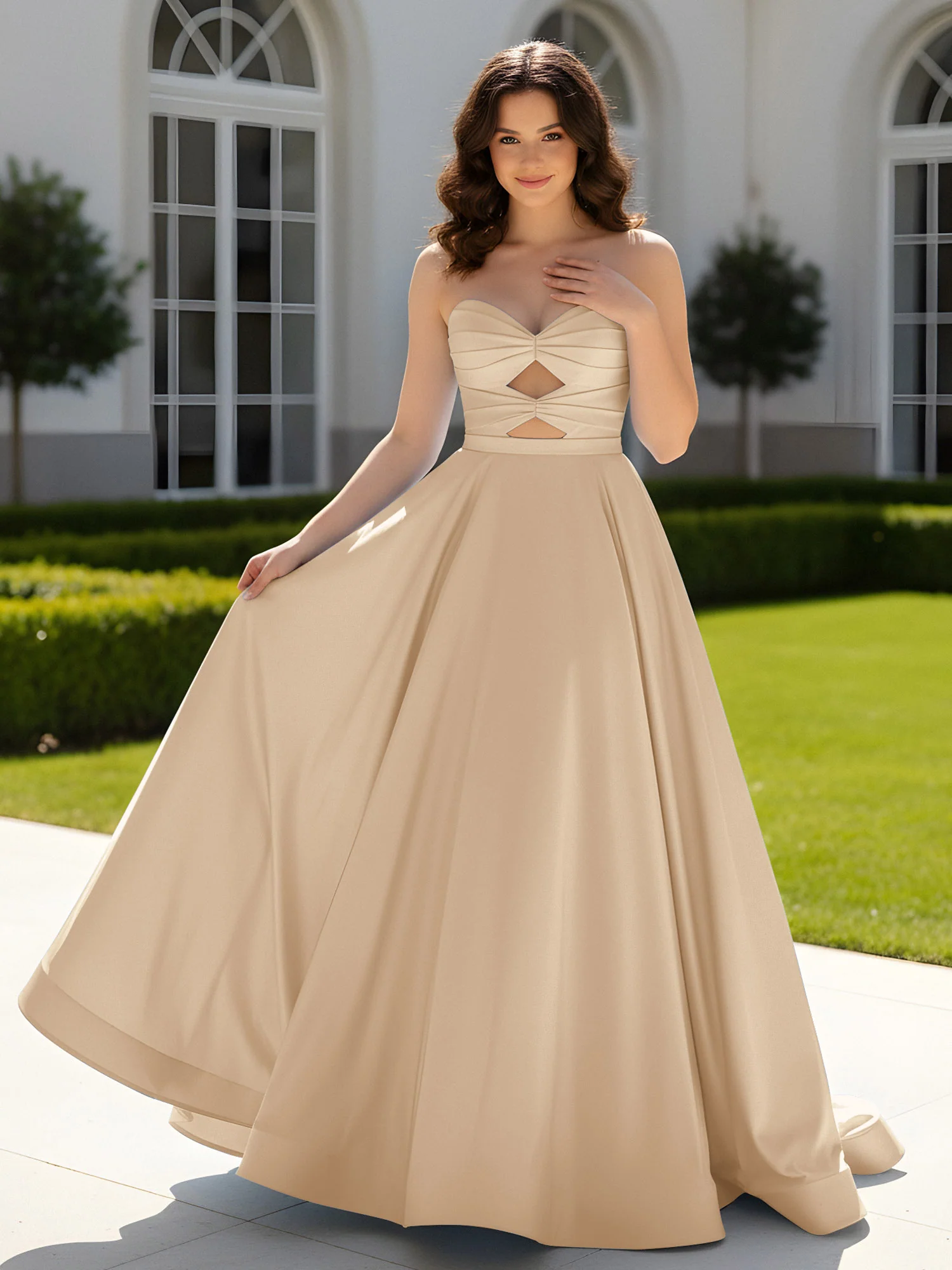 Pleated Sweetheart Satin Ball Gown With Sweep/Brush Train Champagne