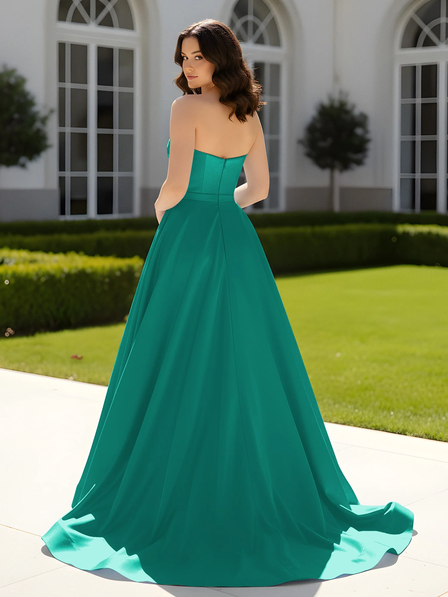 Pleated Sweetheart Satin Ball Gown With Sweep/Brush Train Jade - Image 2