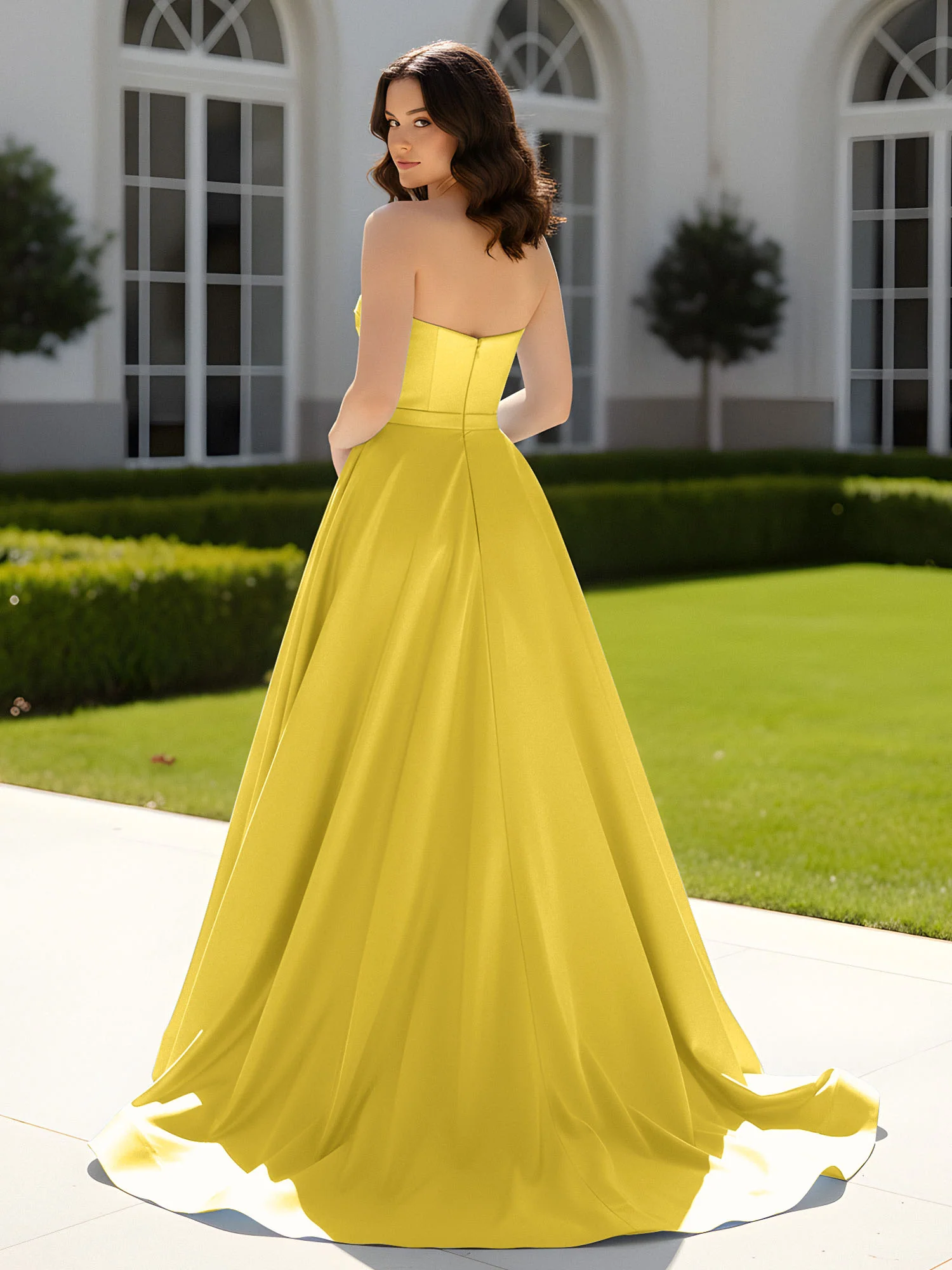 Pleated Sweetheart Satin Ball Gown With Sweep/Brush Train Marigold - Image 2