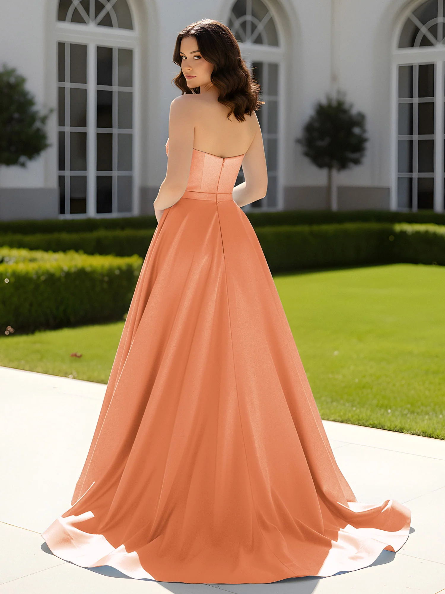 Pleated Sweetheart Satin Ball Gown With Sweep/Brush Train Papaya - Image 2