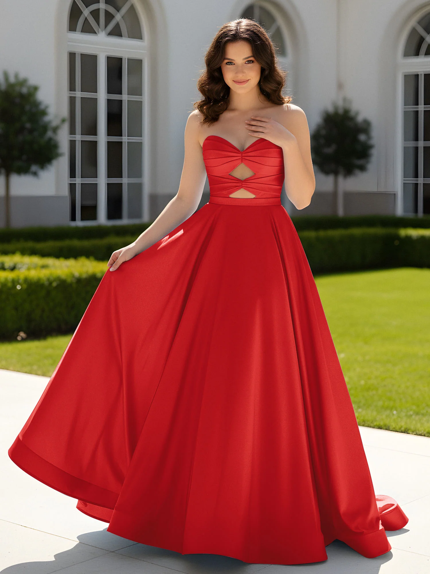 Pleated Sweetheart Satin Ball Gown With Sweep/Brush Train Red