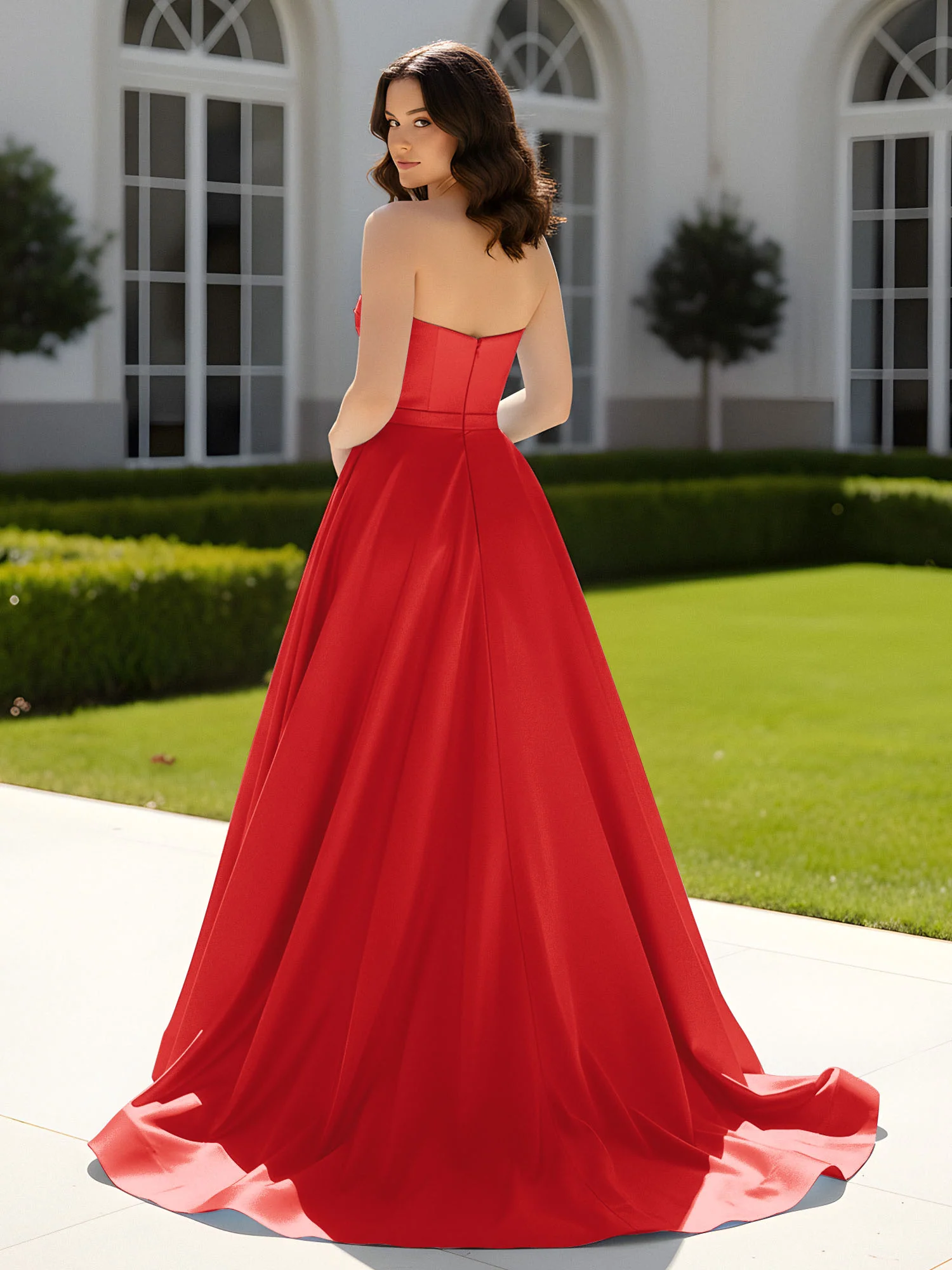 Pleated Sweetheart Satin Ball Gown With Sweep/Brush Train Red - Image 2