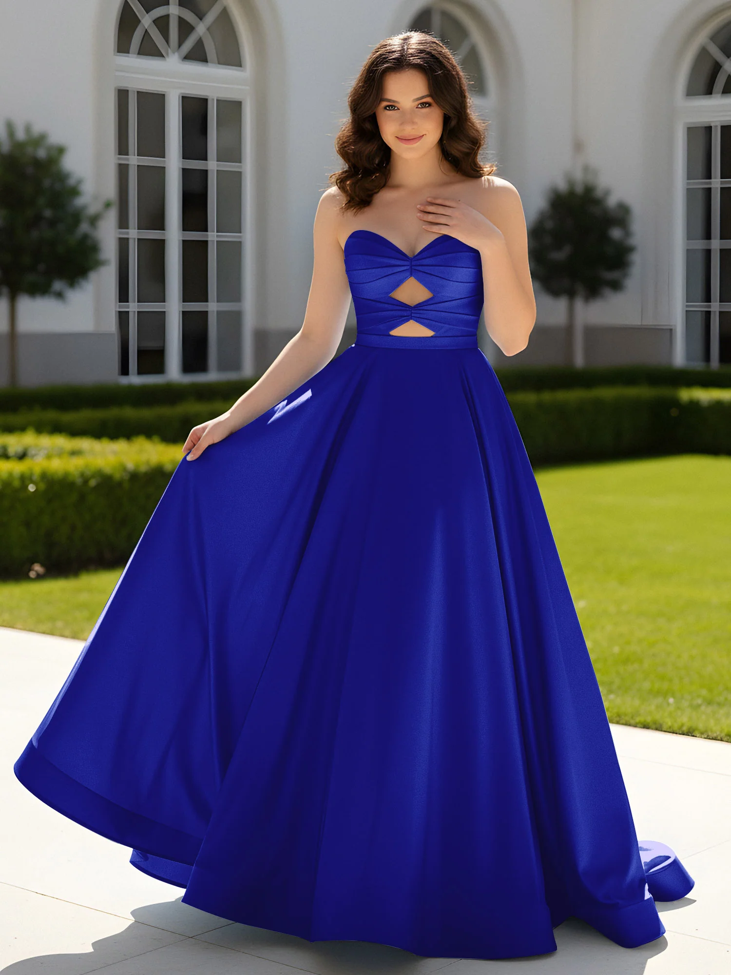 Pleated Sweetheart Satin Ball Gown With Sweep/Brush Train Royal Blue
