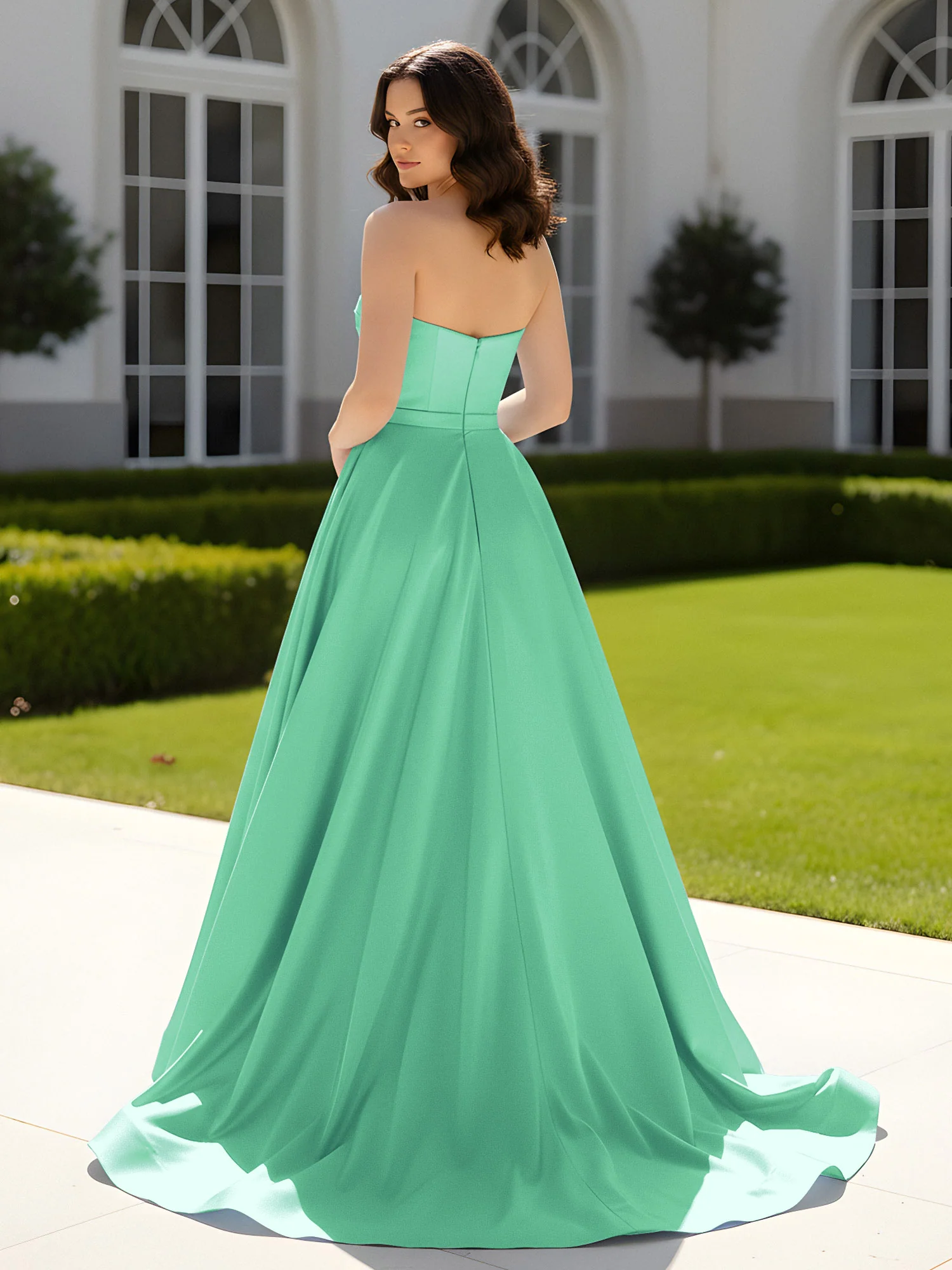 Pleated Sweetheart Satin Ball Gown With Sweep/Brush Train Turquoise - Image 2