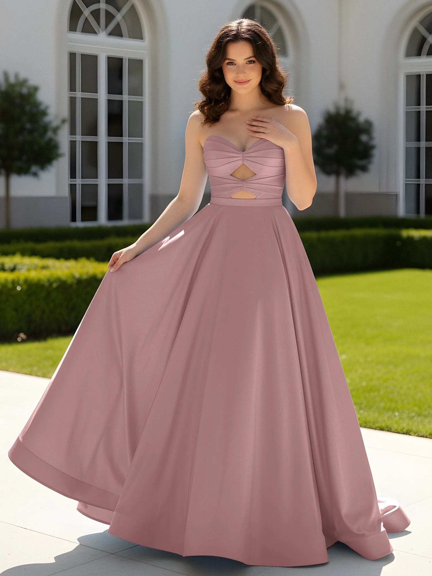 Pleated Sweetheart Satin Ball Gown With Sweep/Brush Train Vintage Mauve
