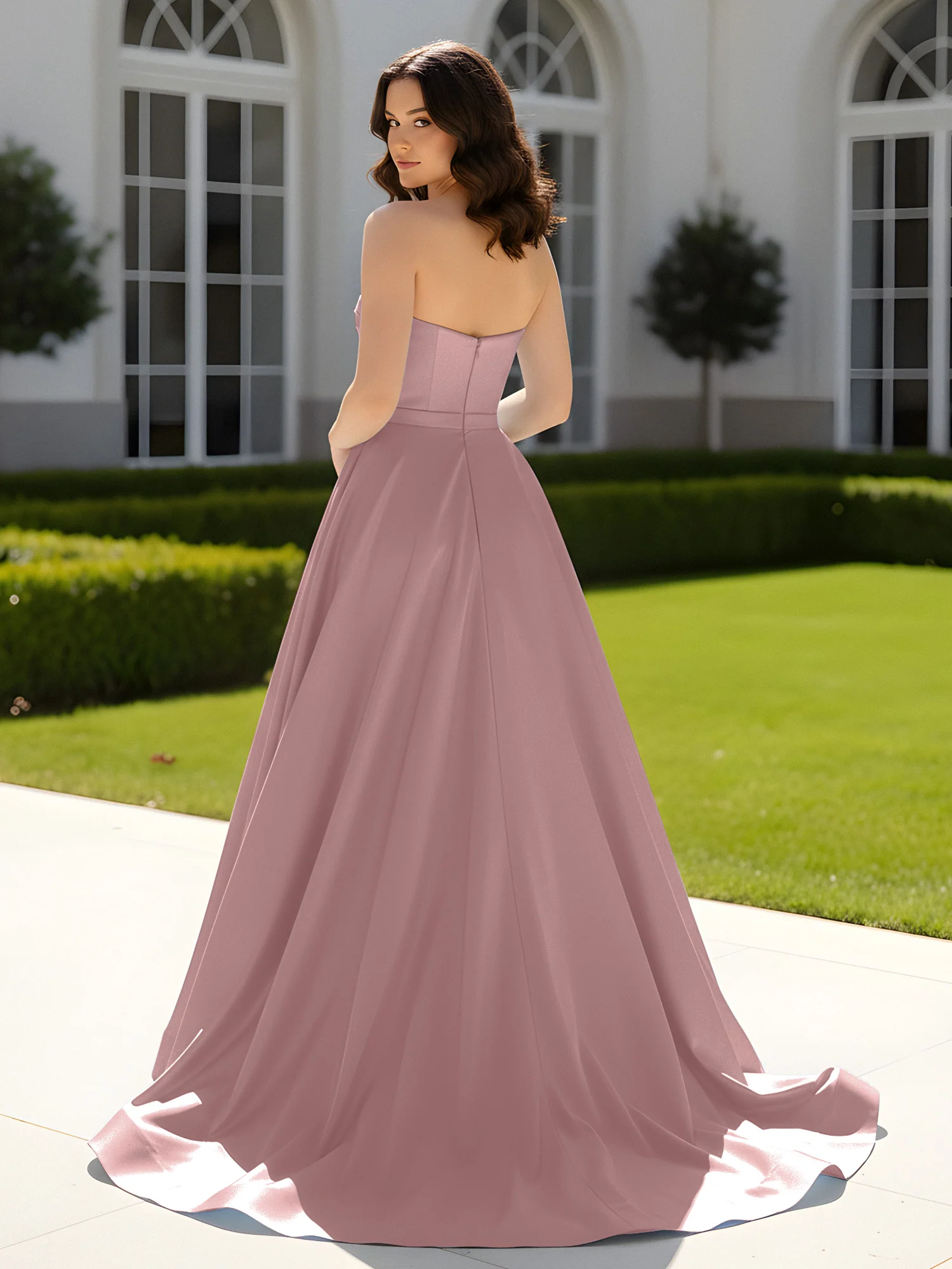 Pleated Sweetheart Satin Ball Gown With Sweep/Brush Train Vintage Mauve - Image 2