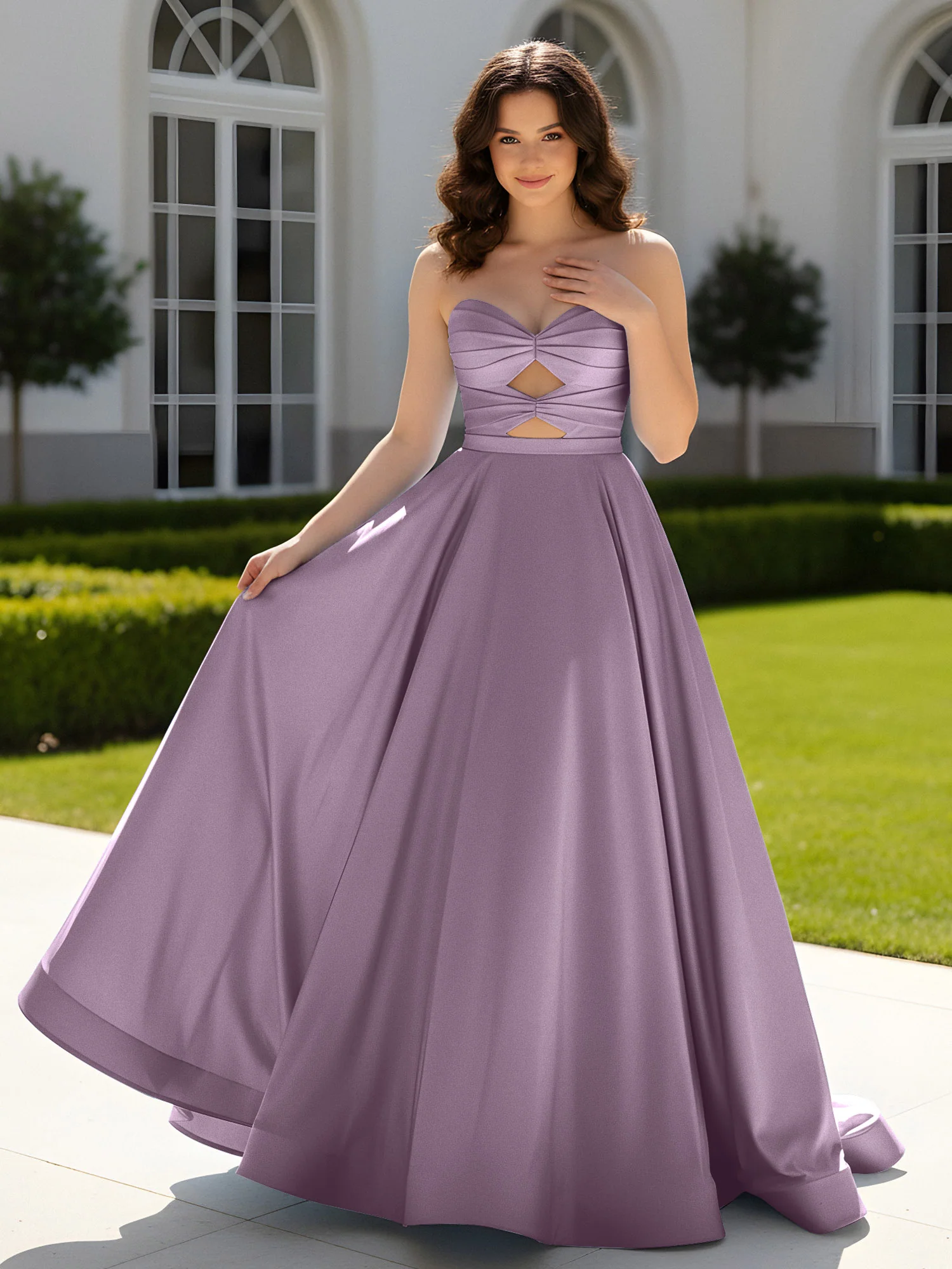 Pleated Sweetheart Satin Ball Gown With Sweep/Brush Train Wisteria